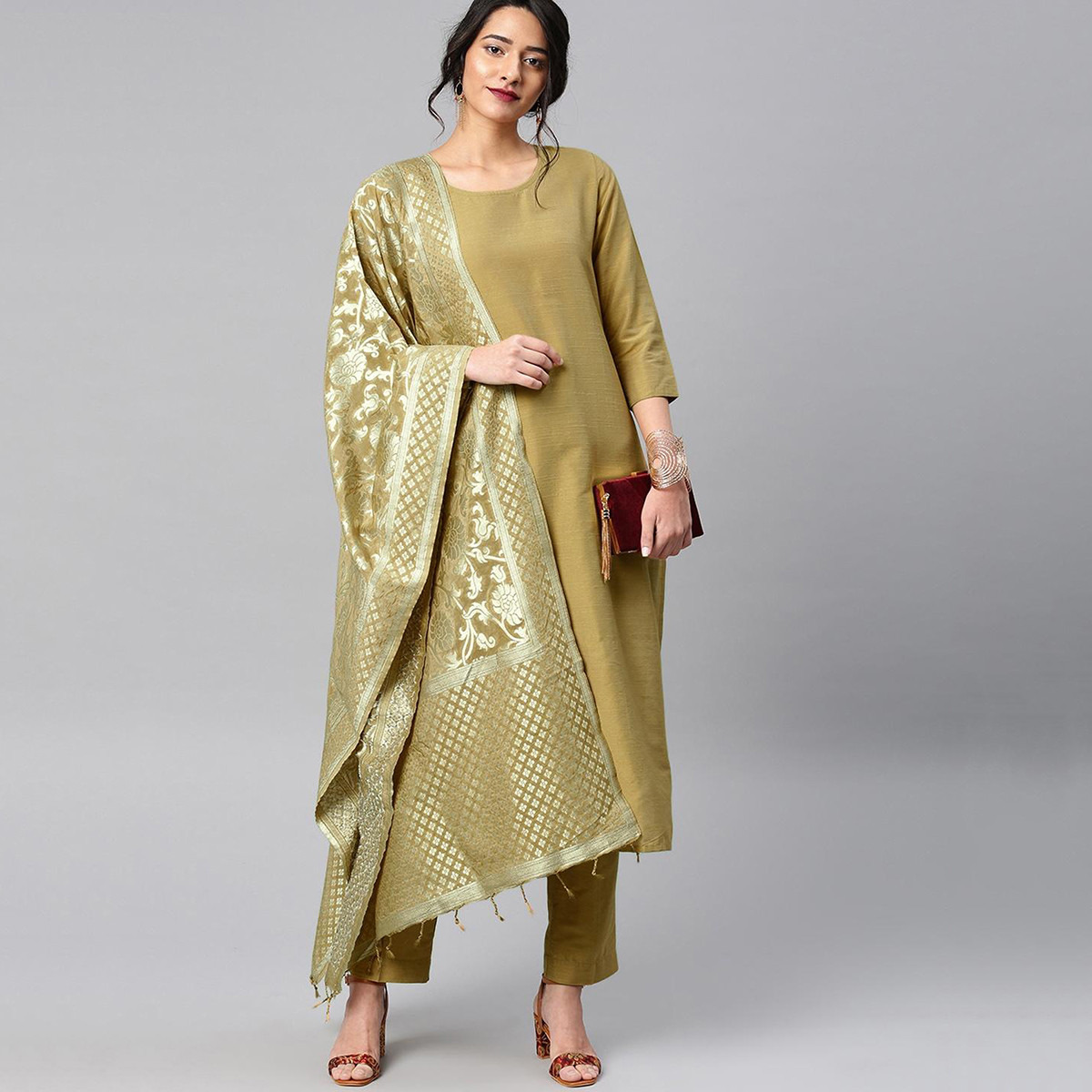 Vishudh Women Beige Solid Straight Kurta with Printed Dupatta-women-clothing-shirtsandblouses-blouses-image-1