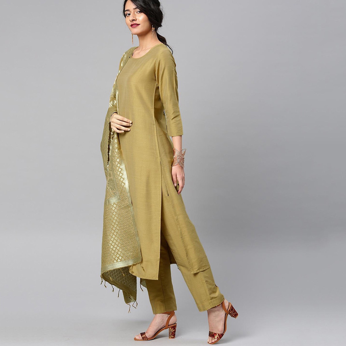 Vishudh Women Beige Solid Straight Kurta with Printed Dupatta-women-clothing-shirtsandblouses-blouses-image-2