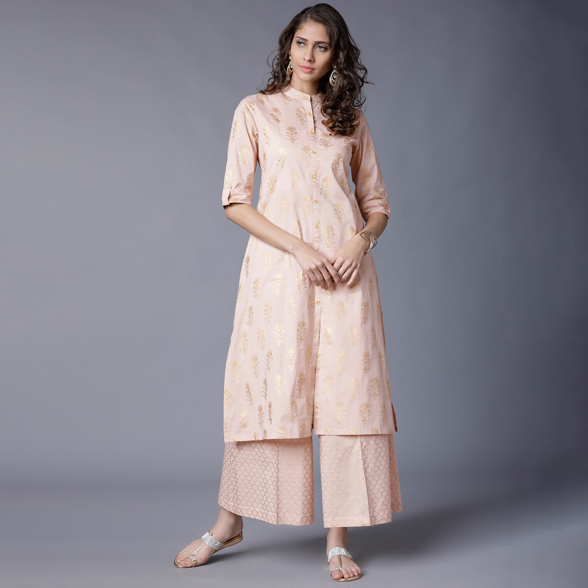 Set of 2 Vishudh Women Pink Printed Mandarin Neck Kurta and Palazzo-women-clothing-ethnicwear-salwarsuits-image-1