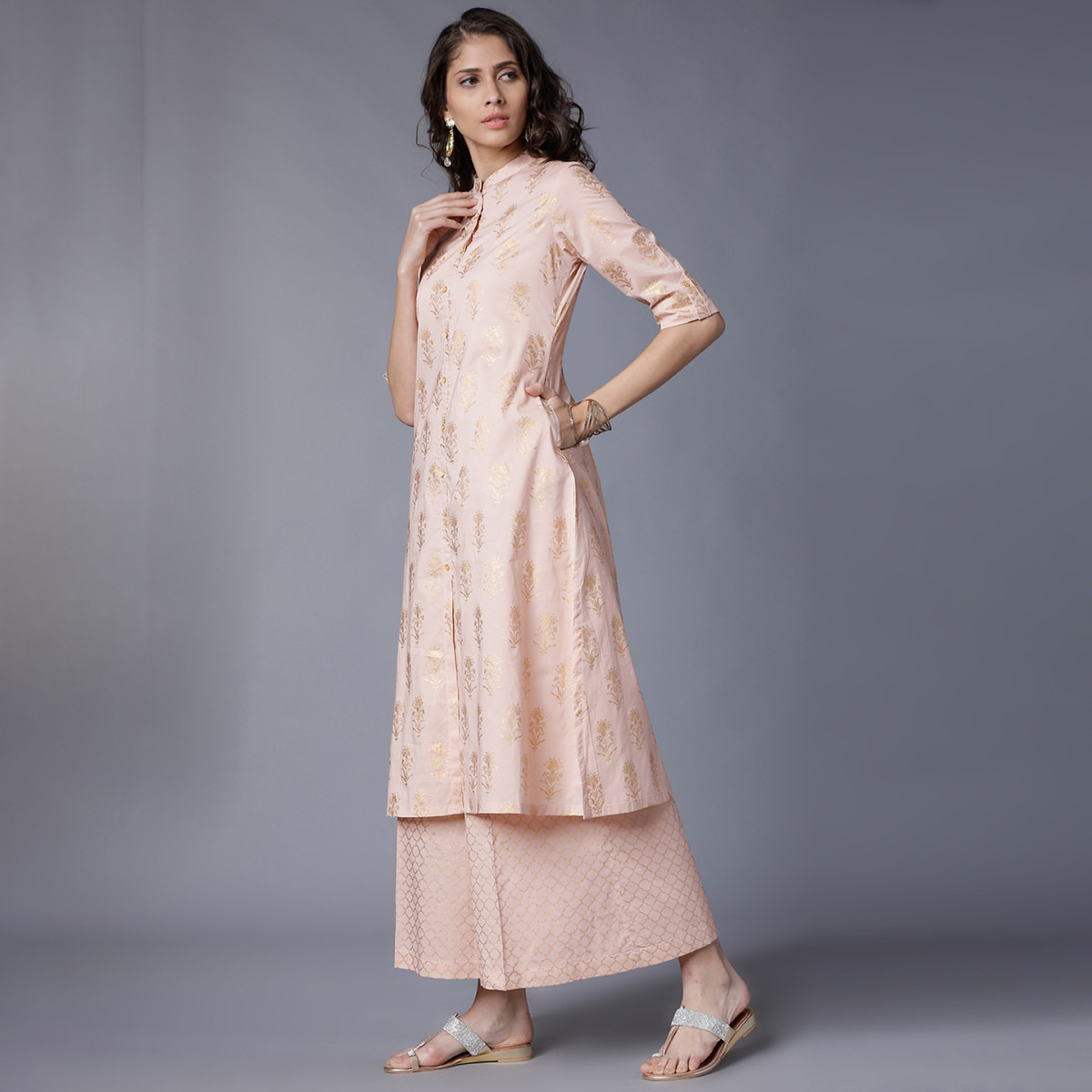 Set of 2 Vishudh Women Pink Printed Mandarin Neck Kurta and Palazzo-women-clothing-ethnicwear-salwarsuits-image-2