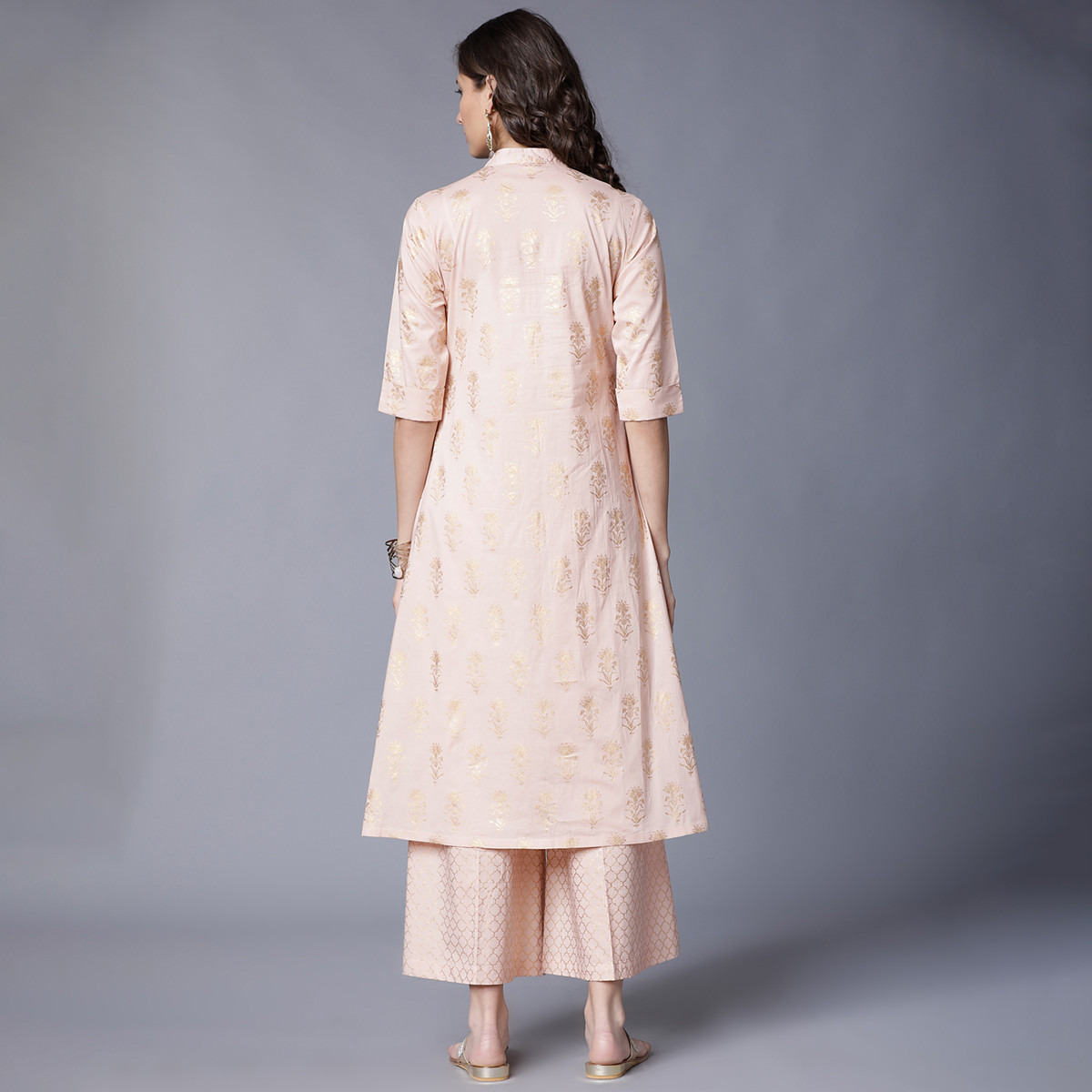 Set of 2 Vishudh Women Pink Printed Mandarin Neck Kurta and Palazzo-women-clothing-ethnicwear-salwarsuits-image-3