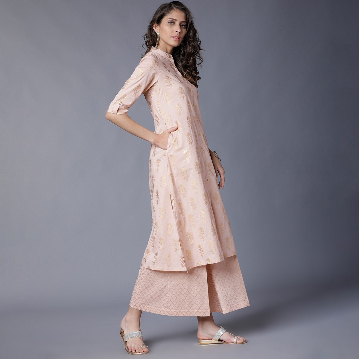 Set of 2 Vishudh Women Pink Printed Mandarin Neck Kurta and Palazzo-women-clothing-ethnicwear-salwarsuits-image-4