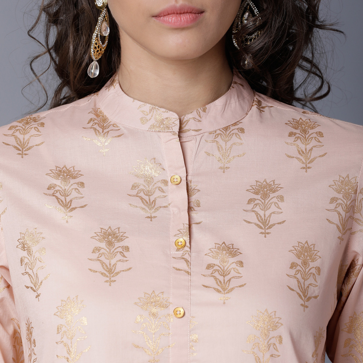 Set of 2 Vishudh Women Pink Printed Mandarin Neck Kurta and Palazzo-women-clothing-ethnicwear-salwarsuits-image-5