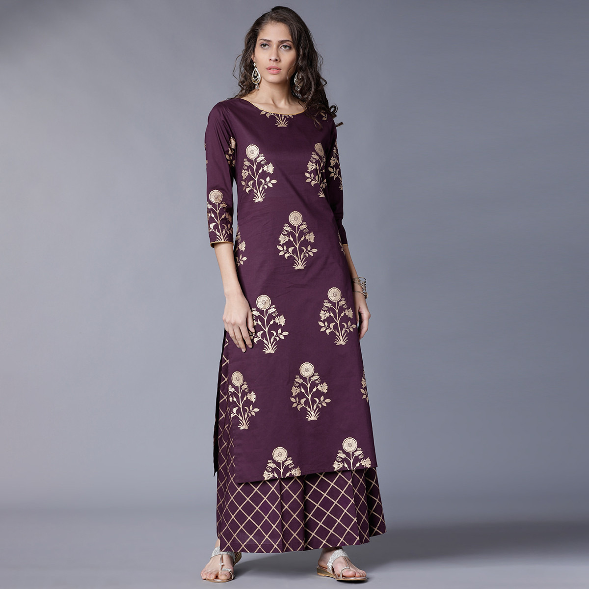مجموعة من قطعتين كورتا للنساء مطبوعة برقبة دائرية بلون بنفسجي مع بالازو من فيشوده-women-clothing-ethnicwear-salwarsuits-image-1