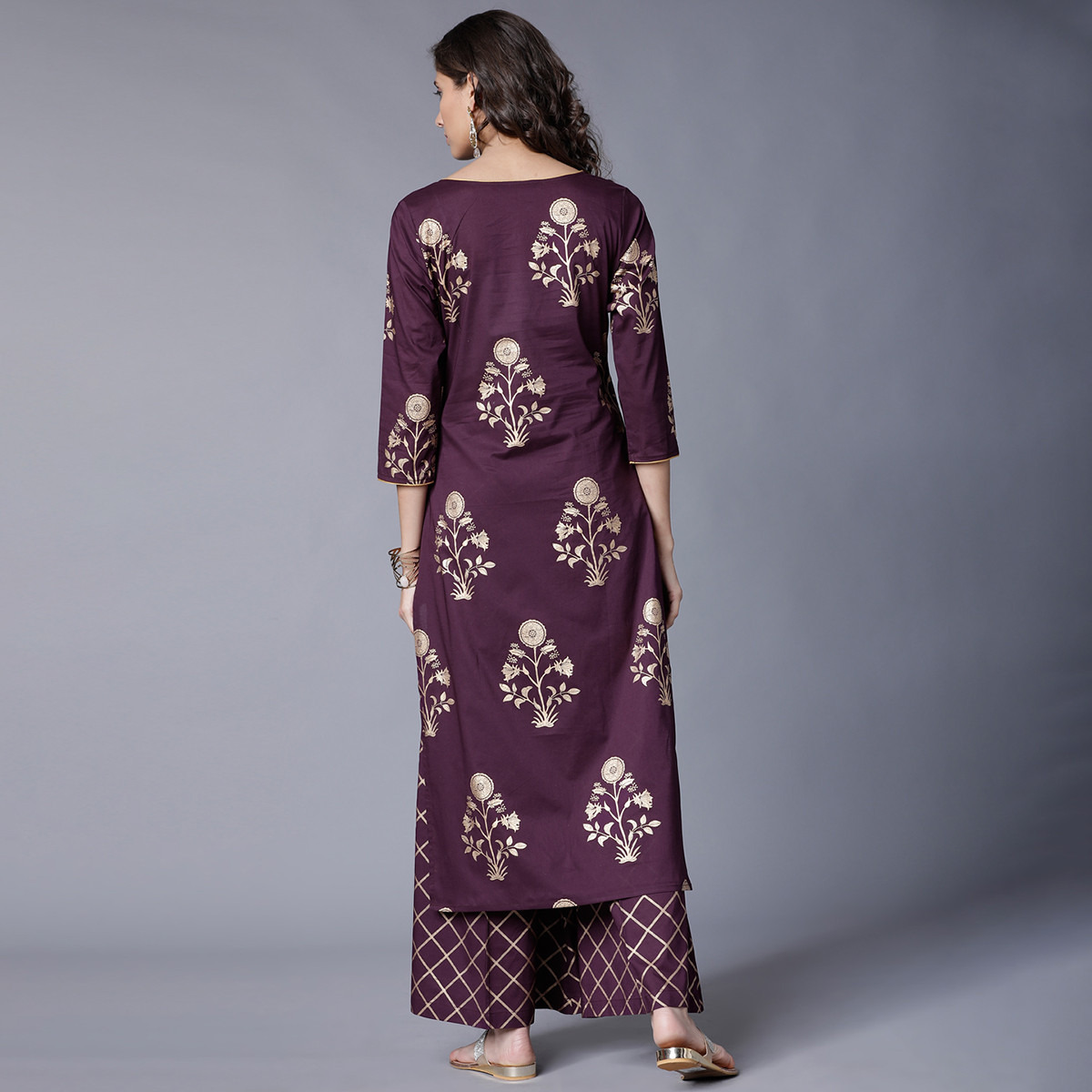 Set of 2 Vishudh Women Purple Printed Round Neck Kurta and Palazzo-women-clothing-ethnicwear-salwarsuits-image-3