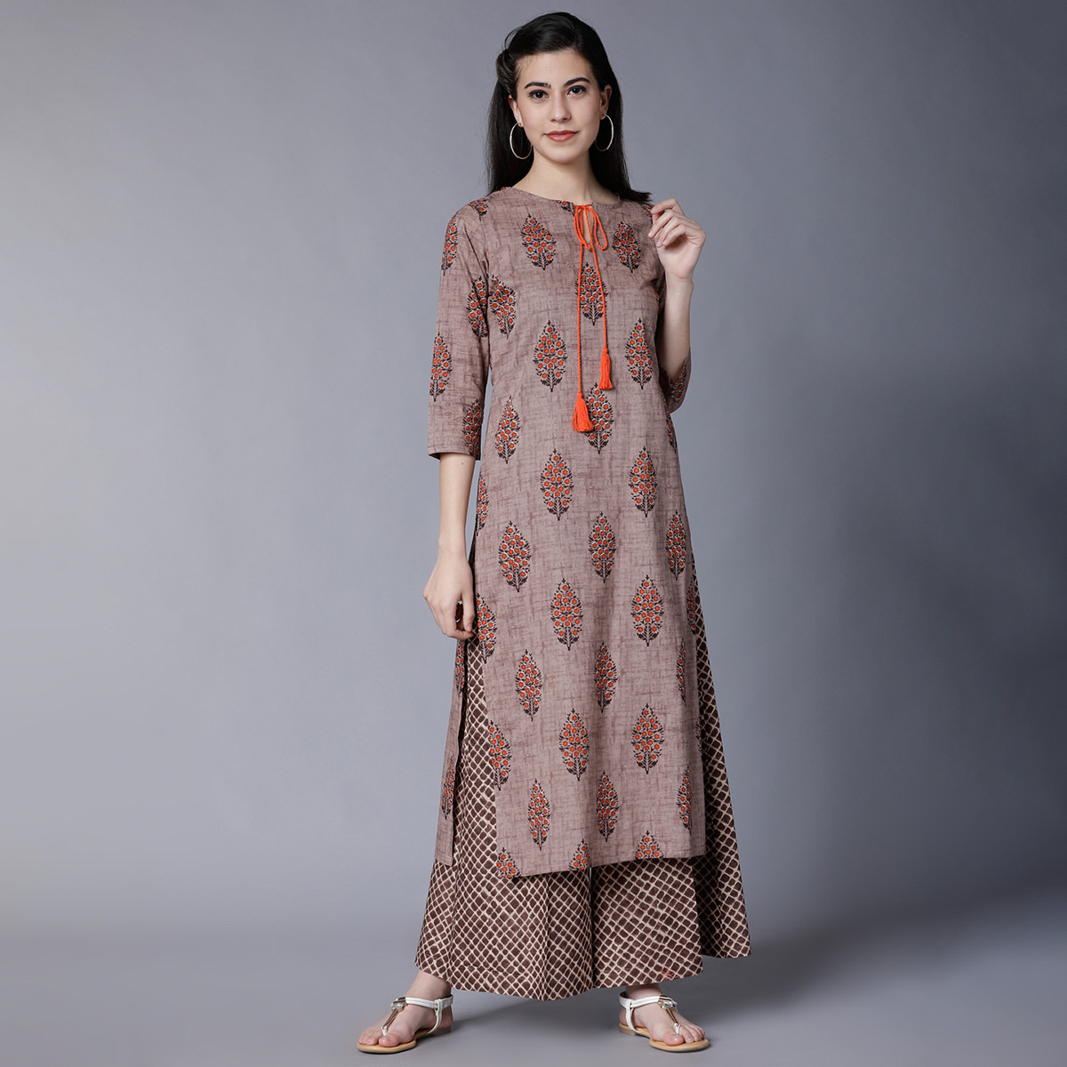 Set of 2 Vishudh Women Brown Printed Keyhole Neck Kurta and Palazzo-women-clothing-ethnicwear-salwarsuits-image-1