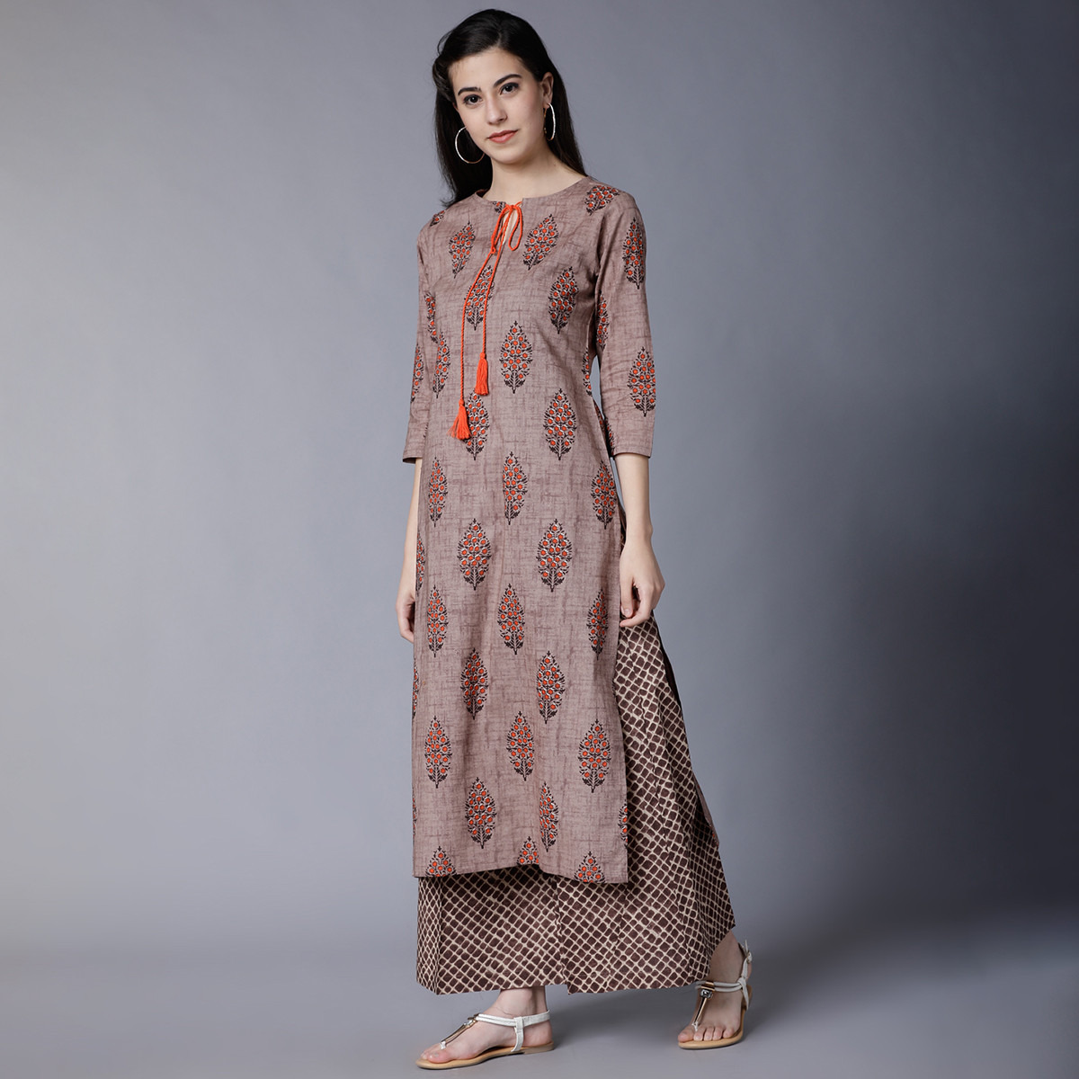 Set of 2 Vishudh Women Brown Printed Keyhole Neck Kurta and Palazzo-women-clothing-ethnicwear-salwarsuits-image-2