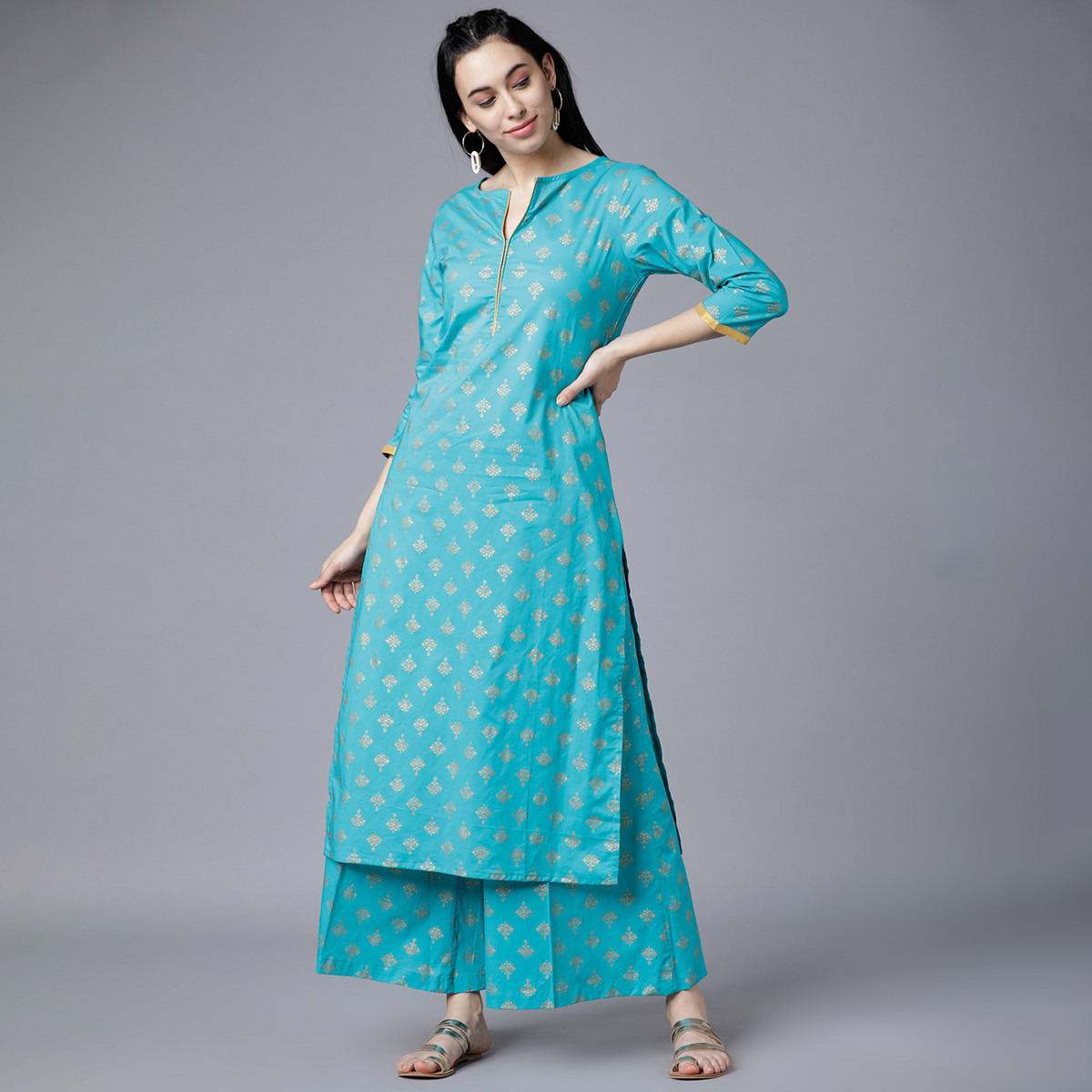 Set of 2 Vishudh Women Turquoise Printed Round Neck Kurta and Palazzo-women-clothing-ethnicwear-salwarsuits-image-1
