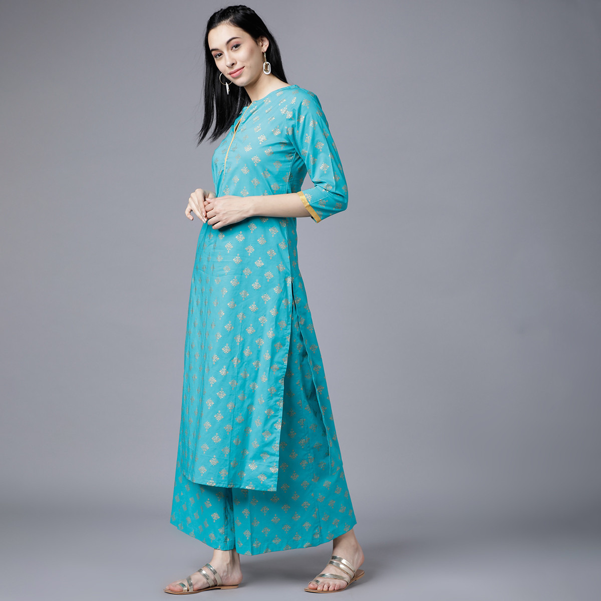 Set of 2 Vishudh Women Turquoise Printed Round Neck Kurta and Palazzo-women-clothing-ethnicwear-salwarsuits-image-2