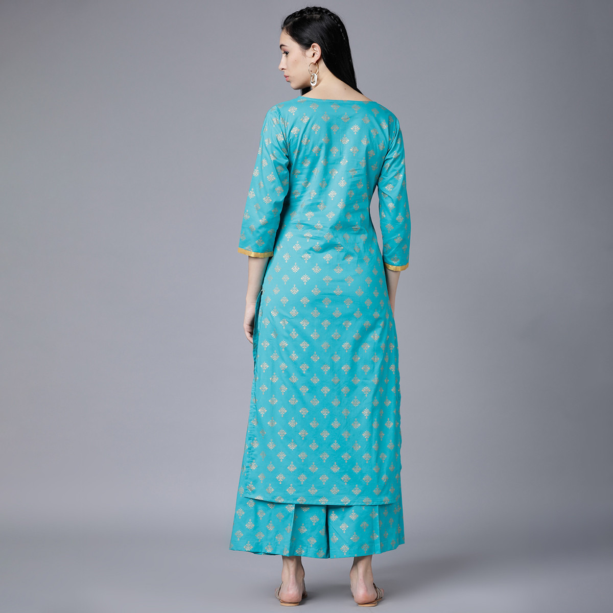 Set of 2 Vishudh Women Turquoise Printed Round Neck Kurta and Palazzo-women-clothing-ethnicwear-salwarsuits-image-3