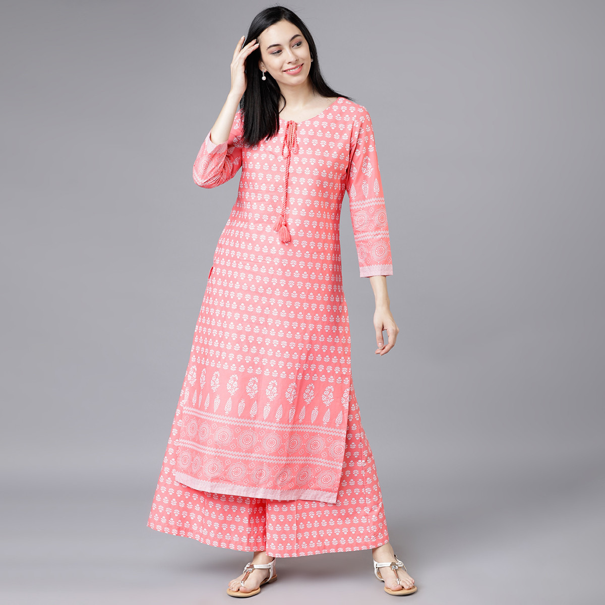 Set of 2 Vishudh Women Pink Printed Keyhole Neck Kurta and Palazzo-women-clothing-ethnicwear-salwarsuits-image-1