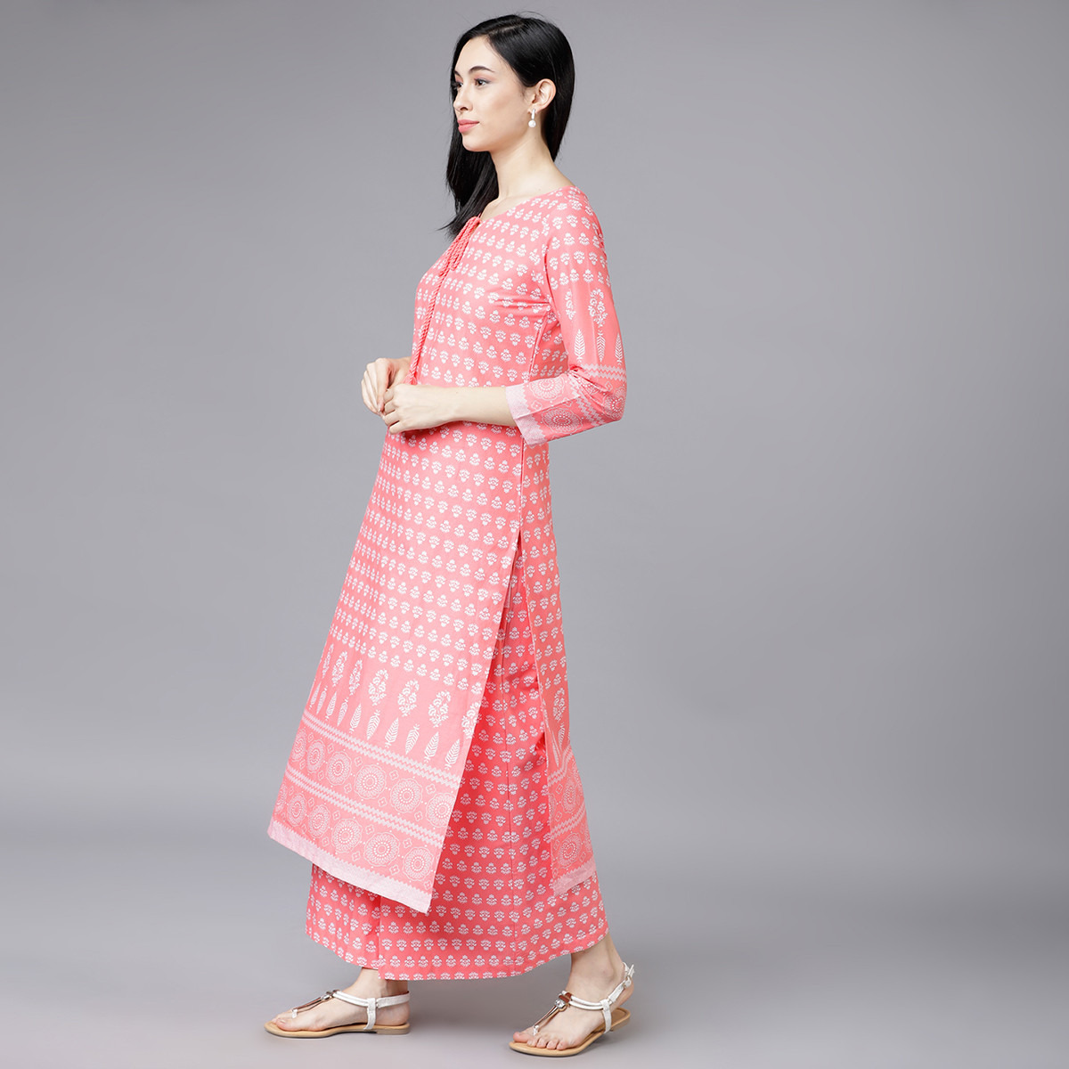 Set of 2 Vishudh Women Pink Printed Keyhole Neck Kurta and Palazzo-women-clothing-ethnicwear-salwarsuits-image-2