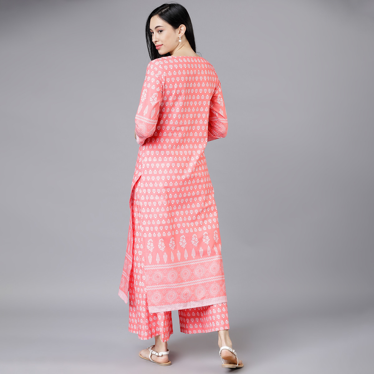 Set of 2 Vishudh Women Pink Printed Keyhole Neck Kurta and Palazzo-women-clothing-ethnicwear-salwarsuits-image-3