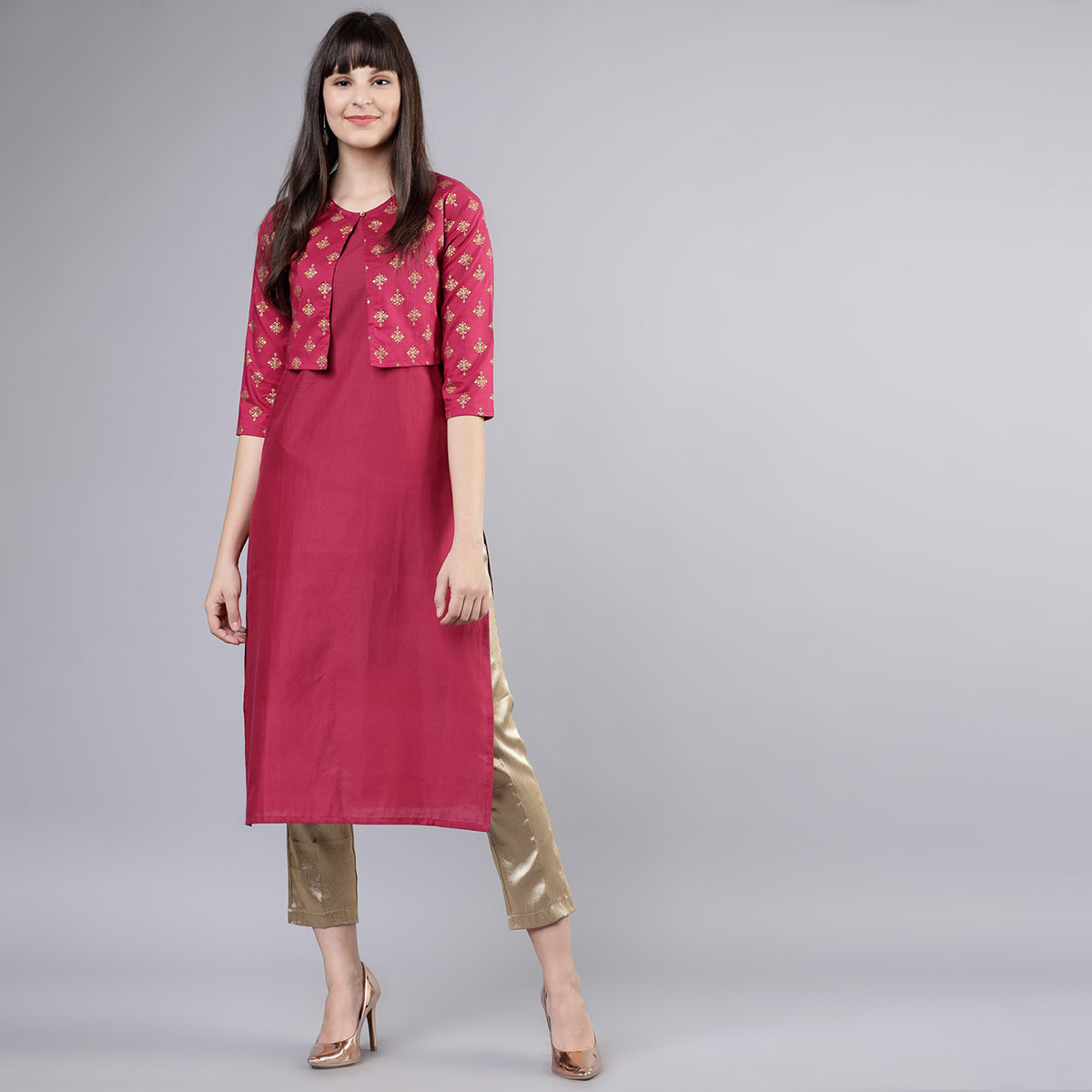 مجموعة من 3 قطعات كورتا وسروال للنساء مطبوعة باللون الارجواني مع جاكيت عرقي من فيشوده-women-clothing-ethnicwear-salwarsuits-image-1