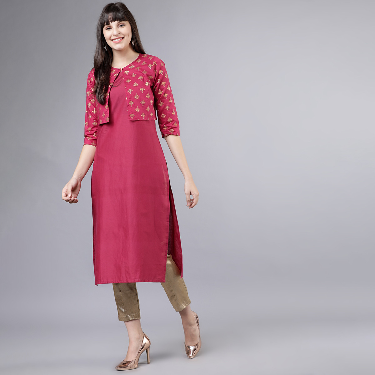 مجموعة من 3 قطعات كورتا وسروال للنساء مطبوعة باللون الارجواني مع جاكيت عرقي من فيشوده-women-clothing-ethnicwear-salwarsuits-image-2