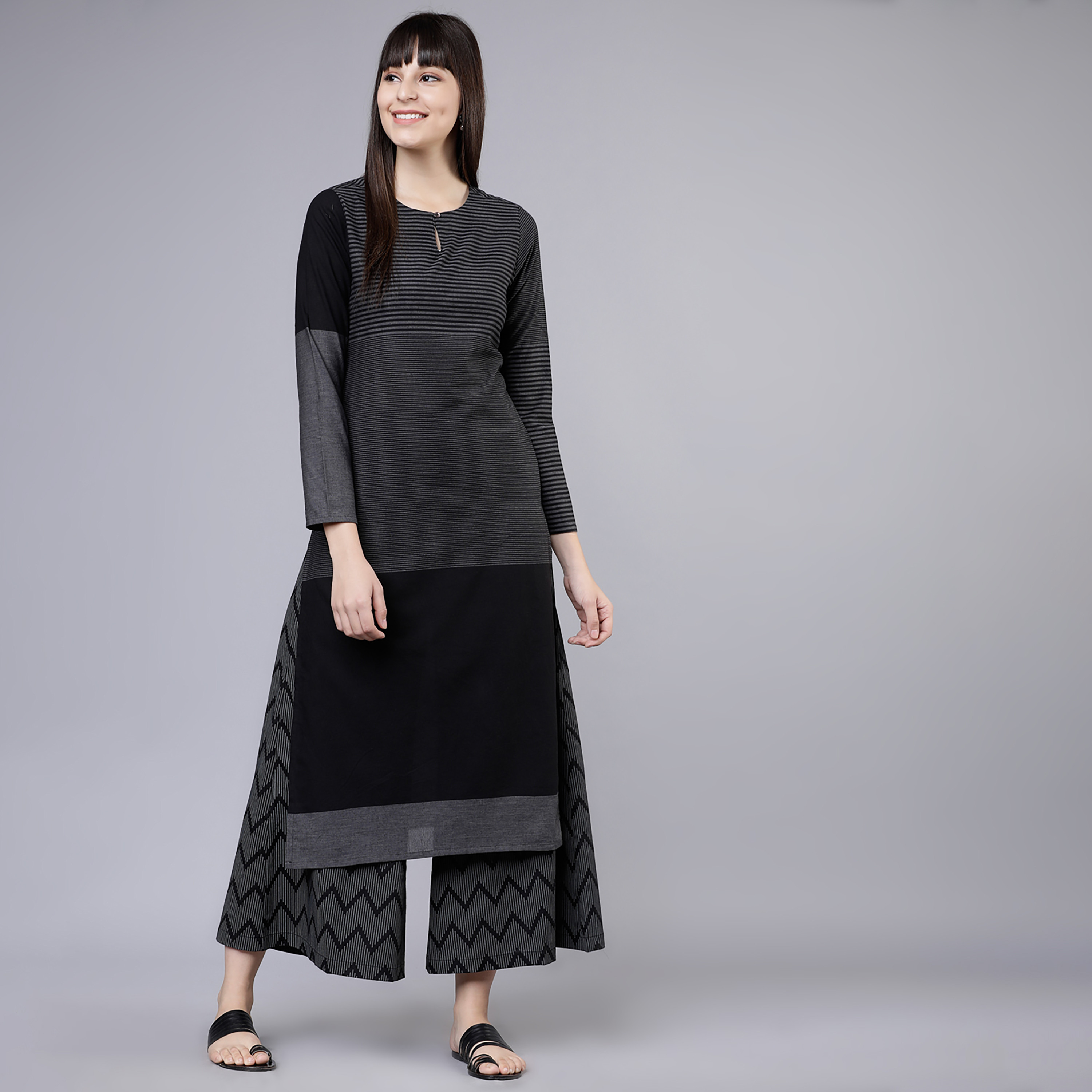 Set of 2 Vishudh Striped Keyhole Neck Straight Kurta with Striped Palazzo-women-clothing-ethnicwear-salwarsuits-image-1