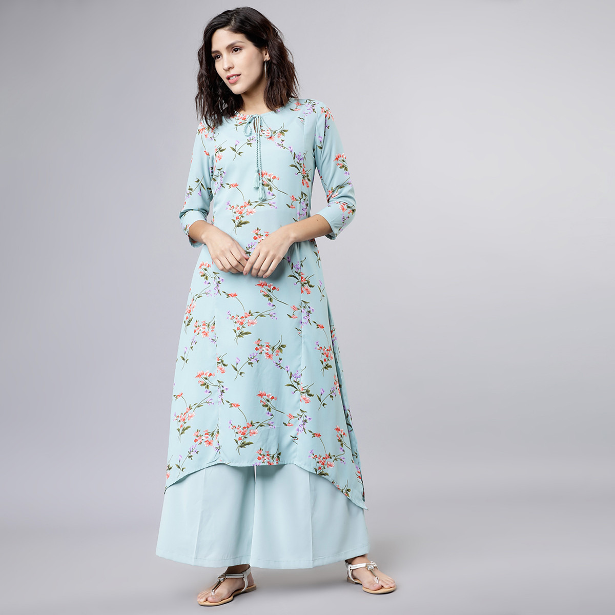 Set of 2 Vishudh Women Blue Floral Keyhole Neck Kurta and Palazzo-women-clothing-ethnicwear-salwarsuits-image-1