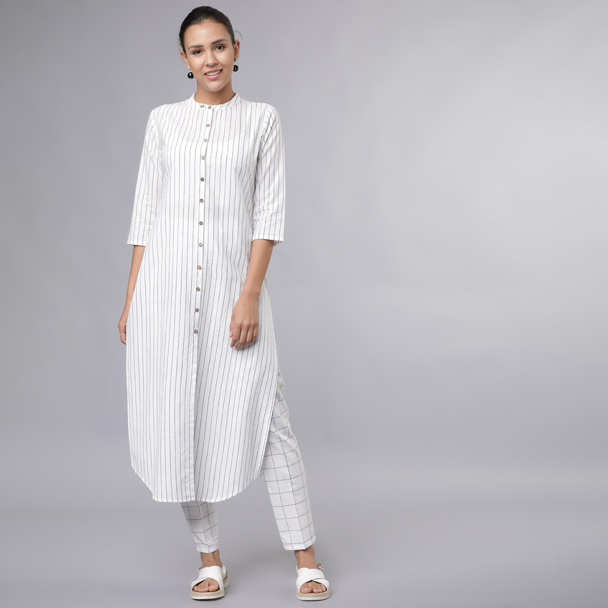 Set of 2 Vishudh Women White Striped Front Slit Kurta and Trouser-women-clothing-ethnicwear-salwarsuits-image-1