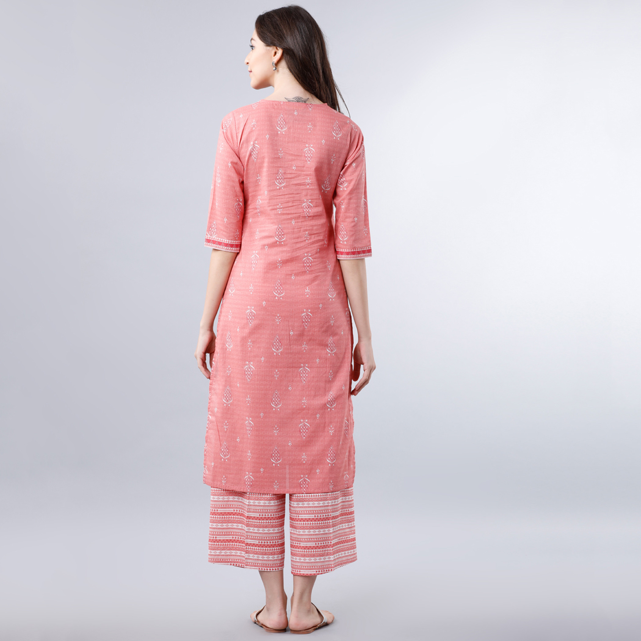 Set of 2 Vishudh Women Pink Printed Notched Neck Kurta and Palazzo-women-clothing-ethnicwear-salwarsuits-image-3