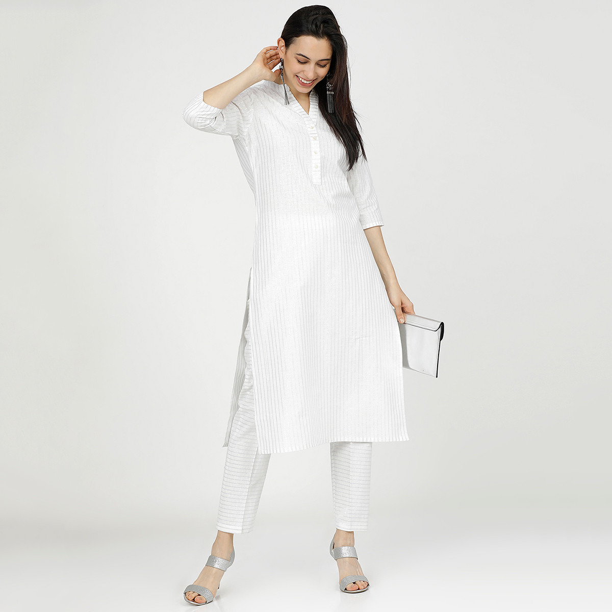 مجموعة من قطعتين كورتا نسائي وبنطلون مخطط من فيشوده نيو -women-clothing-ethnicwear-salwarsuits-image-1
