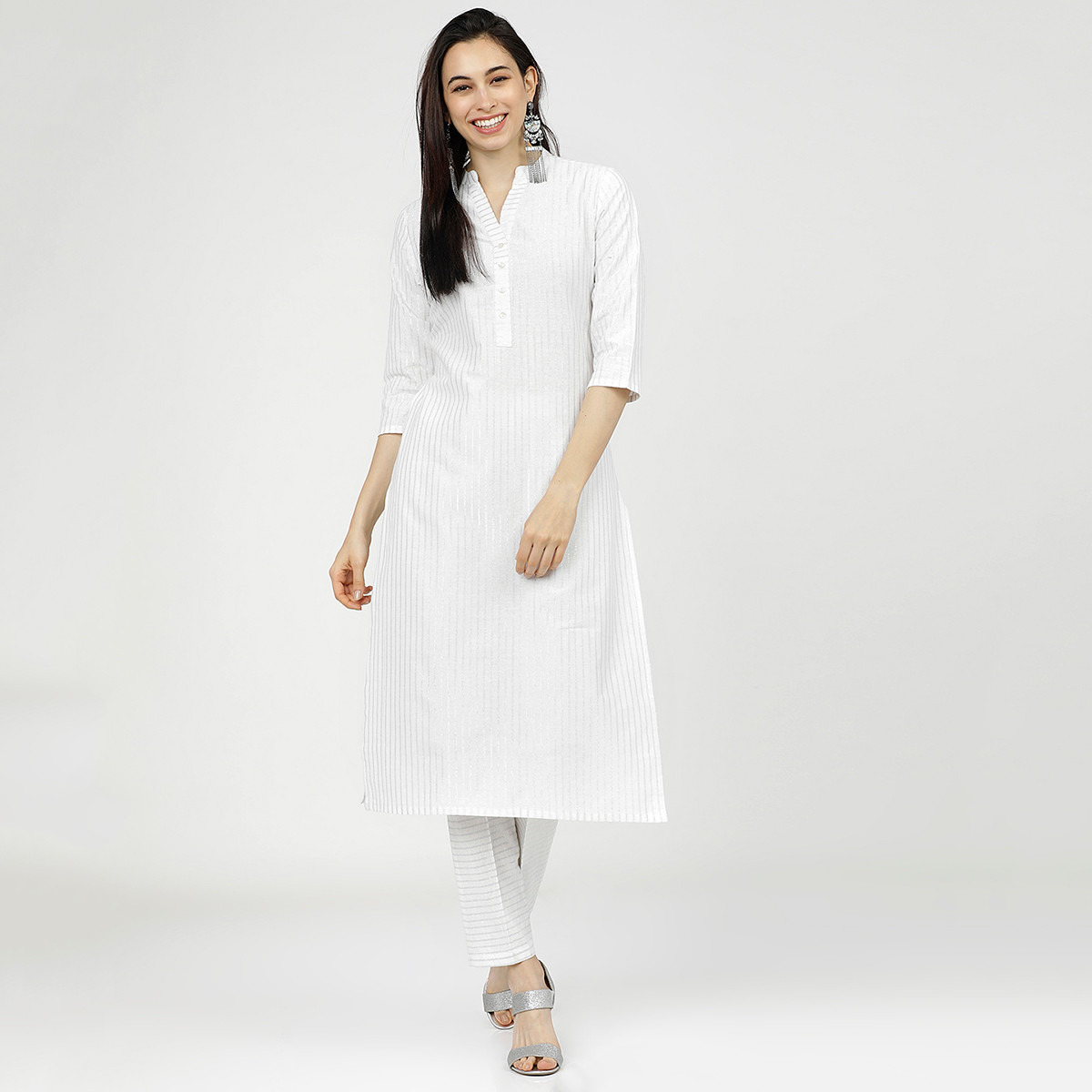 مجموعة من قطعتين كورتا نسائي وبنطلون مخطط من فيشوده نيو -women-clothing-ethnicwear-salwarsuits-image-2