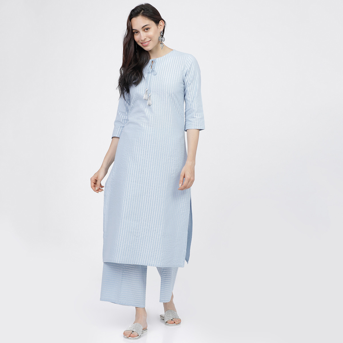 مجموعة من قطعتين كورتا مستقيم مخطط وبنطلون بالازو حريمي من فيشوده نيو -women-clothing-ethnicwear-salwarsuits-image-1