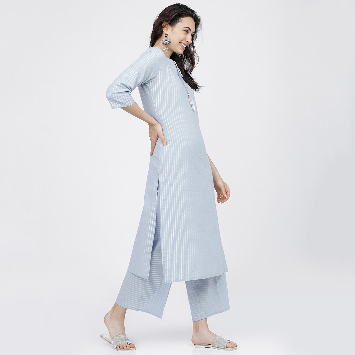 مجموعة من قطعتين كورتا مستقيم مخطط وبنطلون بالازو حريمي من فيشوده نيو -women-clothing-ethnicwear-salwarsuits-image-5
