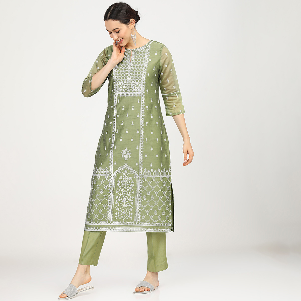 Set of 3 Vishudh Women Green Embroidered Straight Kurta with Palazzo and Dupatta-women-clothing-ethnicwear-salwarsuits-image-2