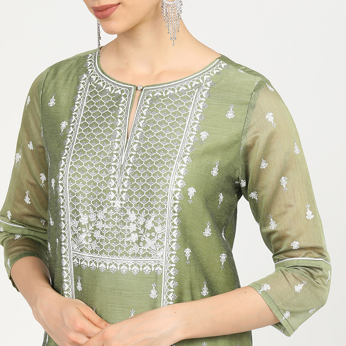 Set of 3 Vishudh Women Green Embroidered Straight Kurta with Palazzo and Dupatta-women-clothing-ethnicwear-salwarsuits-image-4