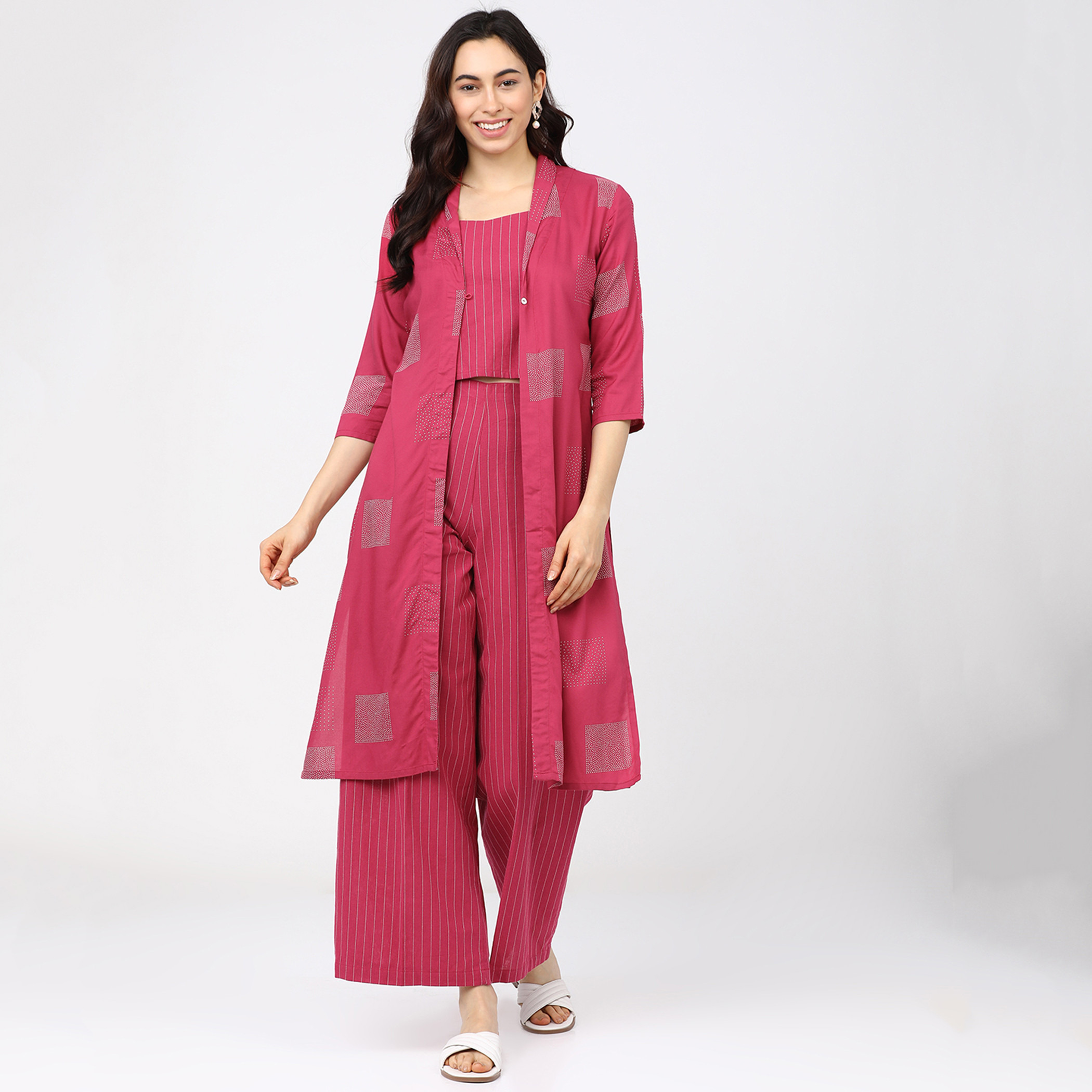 مجموعة من 3 قطعات حزام كتف نسائي بلون وردي مطبوع وبلازو مع جاكيت من فيشوده -women-clothing-ethnicwear-salwarsuits-image-1