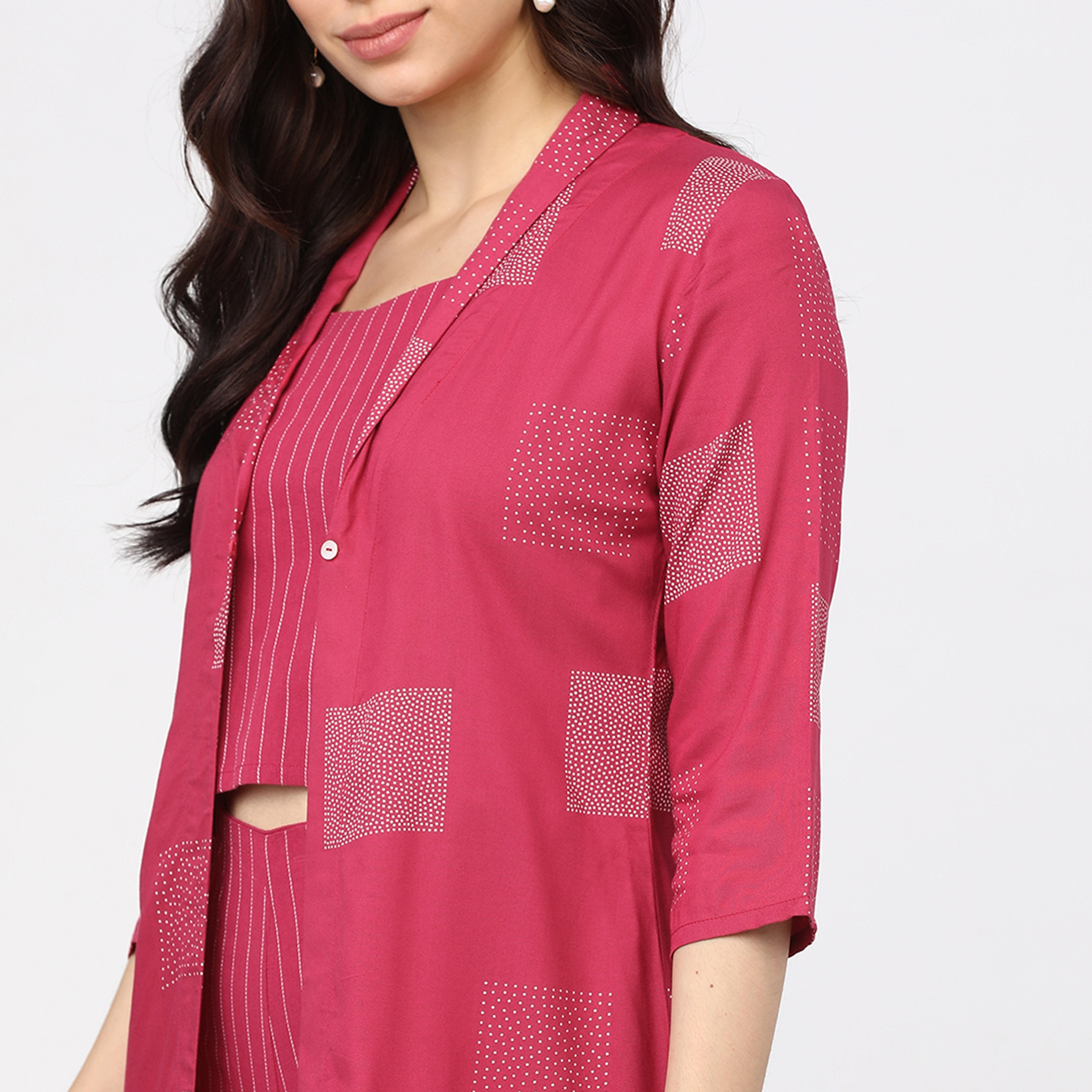 مجموعة من 3 قطعات حزام كتف نسائي بلون وردي مطبوع وبلازو مع جاكيت من فيشوده -women-clothing-ethnicwear-salwarsuits-image-4