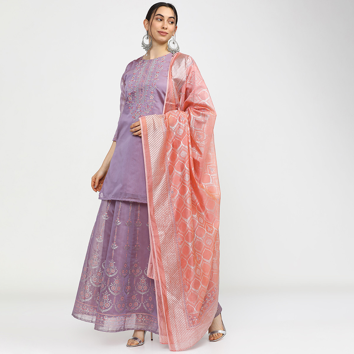 Set of 3 Vishudh Women Mauve Embroidered Round Neck Straight Kurta with Skirt and Dupatta-women-clothing-ethnicwear-salwarsuits-image-1