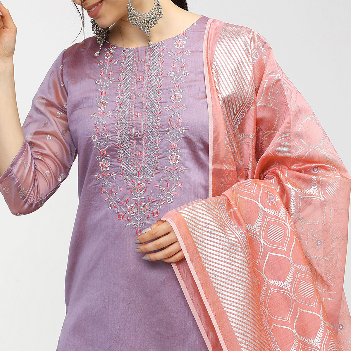 Set of 3 Vishudh Women Mauve Embroidered Round Neck Straight Kurta with Skirt and Dupatta-women-clothing-ethnicwear-salwarsuits-image-12