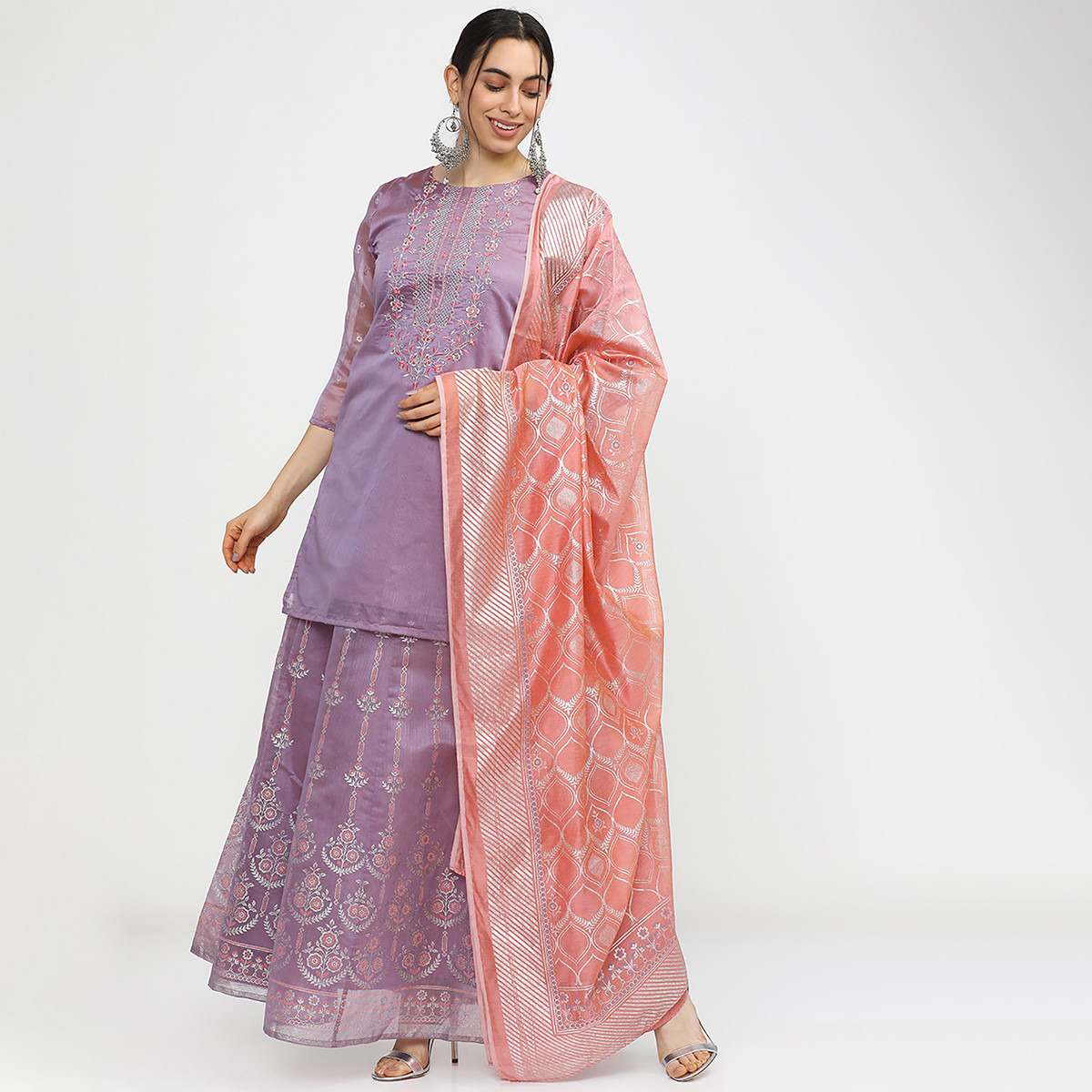 Set of 3 Vishudh Women Mauve Embroidered Round Neck Straight Kurta with Skirt and Dupatta-women-clothing-ethnicwear-salwarsuits-image-2