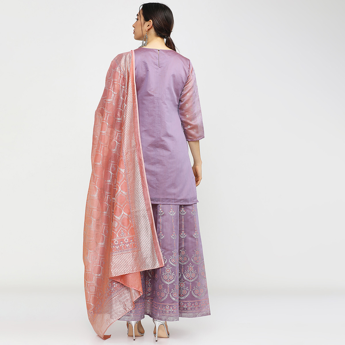Set of 3 Vishudh Women Mauve Embroidered Round Neck Straight Kurta with Skirt and Dupatta-women-clothing-ethnicwear-salwarsuits-image-5