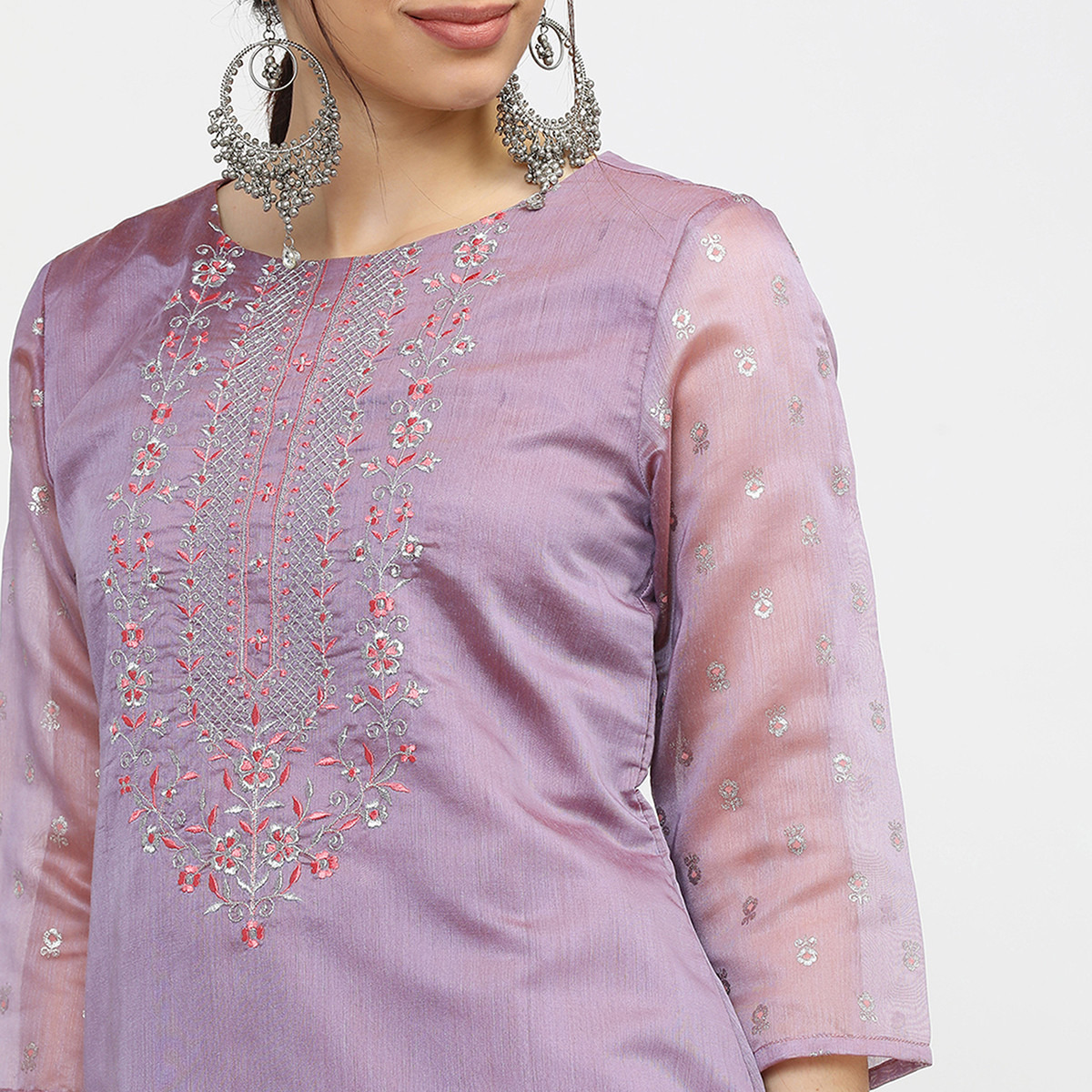 Set of 3 Vishudh Women Mauve Embroidered Round Neck Straight Kurta with Skirt and Dupatta-women-clothing-ethnicwear-salwarsuits-image-7
