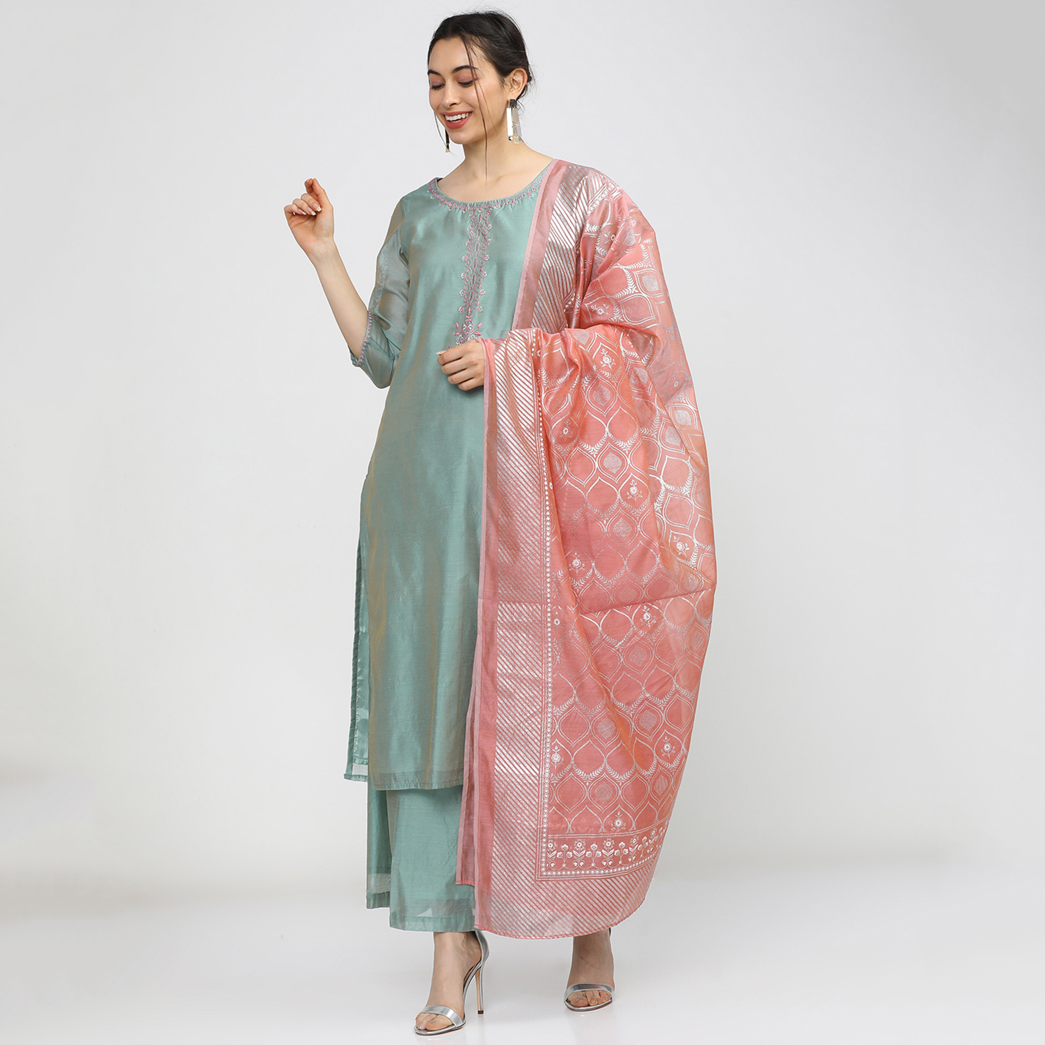 Set of 3 Vishudh Women Blue Embroidered Round Neck Kurta and Palazzo with Dupatta-women-clothing-ethnicwear-salwarsuits-image-1