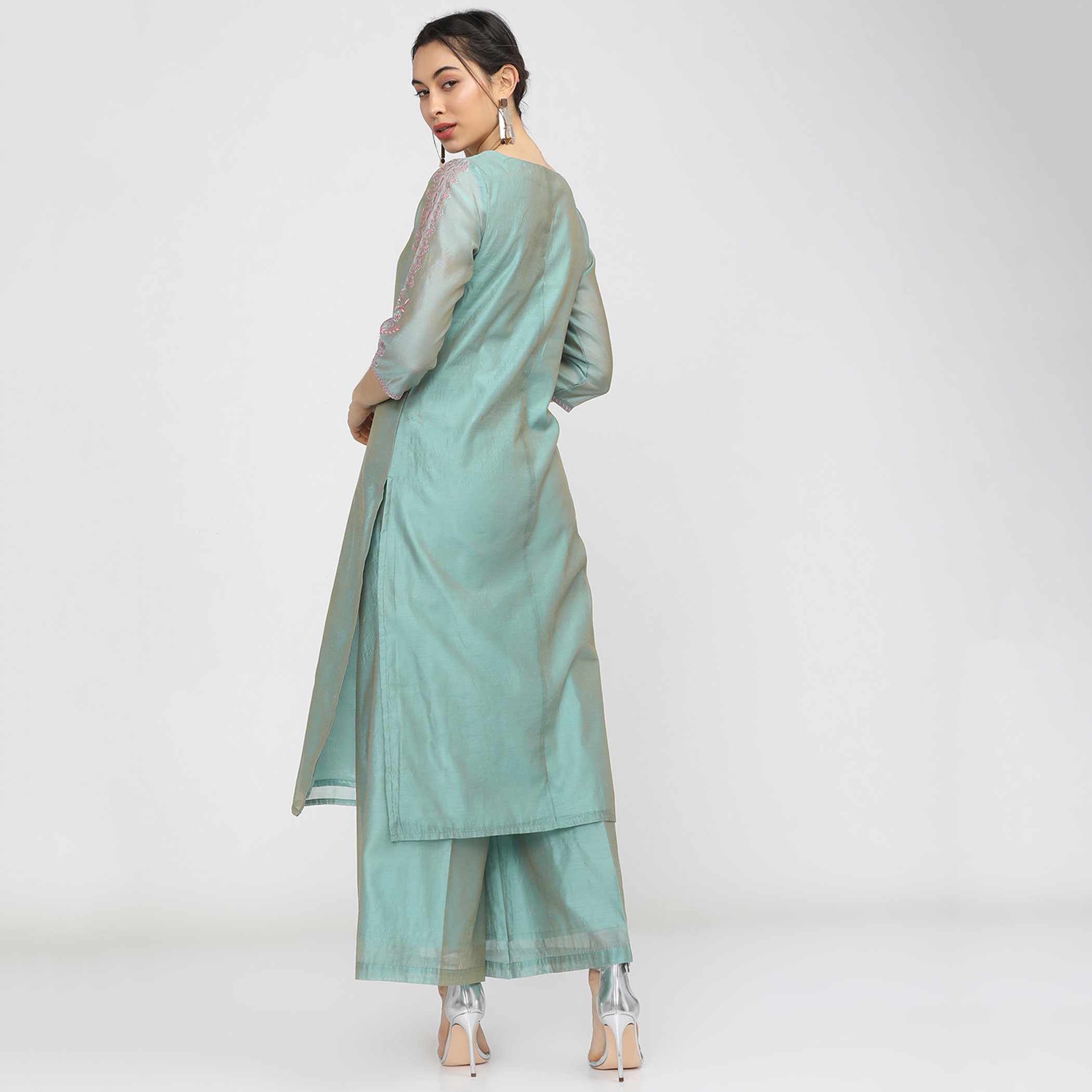 Set of 3 Vishudh Women Blue Embroidered Round Neck Kurta and Palazzo with Dupatta-women-clothing-ethnicwear-salwarsuits-image-4