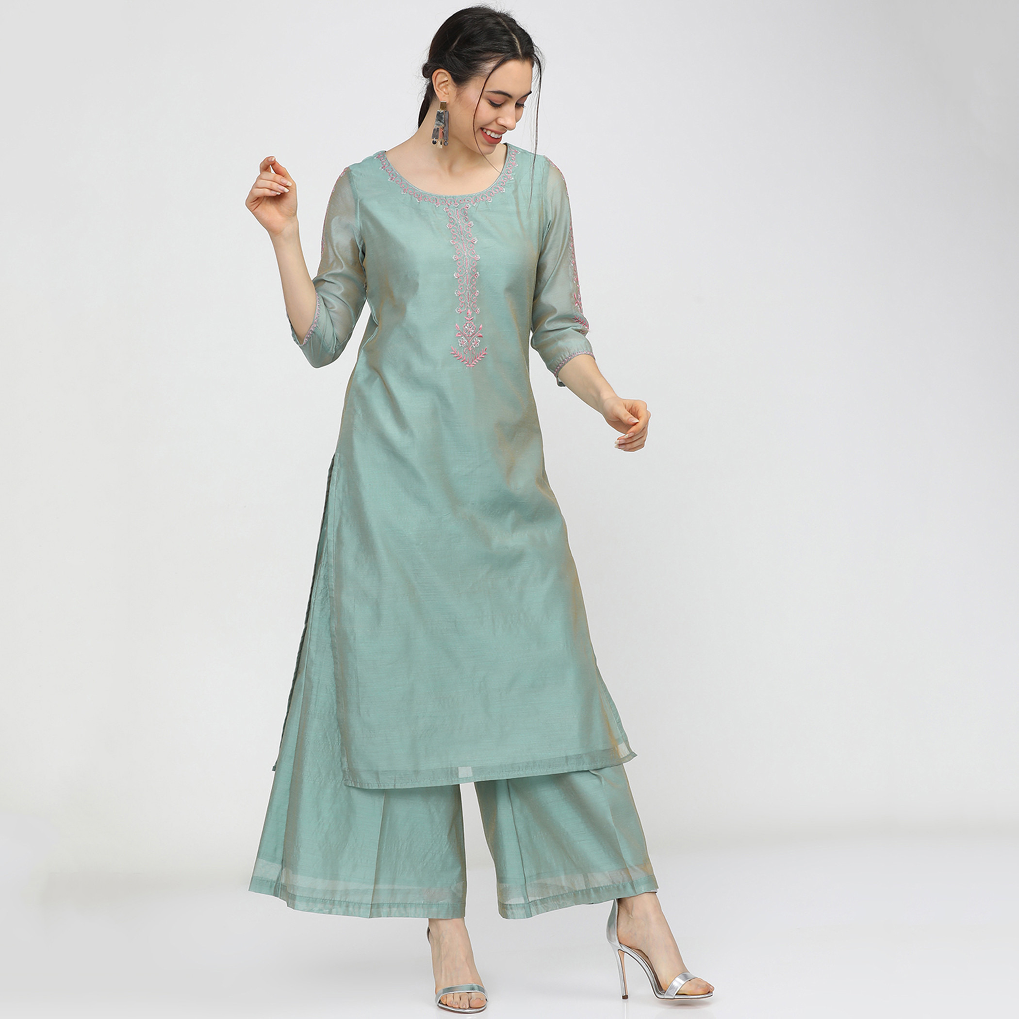 Set of 3 Vishudh Women Blue Embroidered Round Neck Kurta and Palazzo with Dupatta-women-clothing-ethnicwear-salwarsuits-image-6