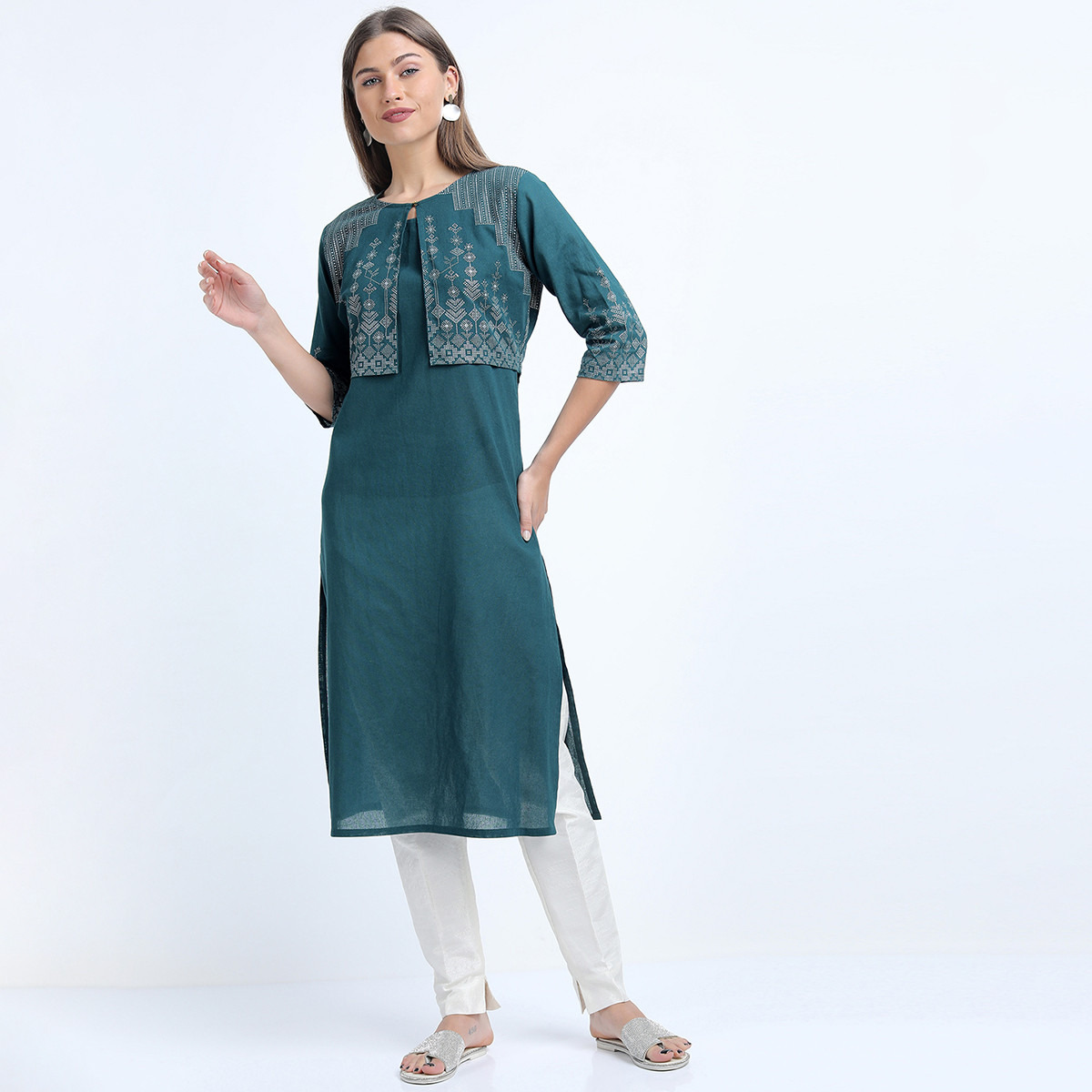 Set of 2 Vishudh Women Teal Printed Kurta and Palazzo with Ethnic Jacket-women-clothing-ethnicwear-salwarsuits-image-1