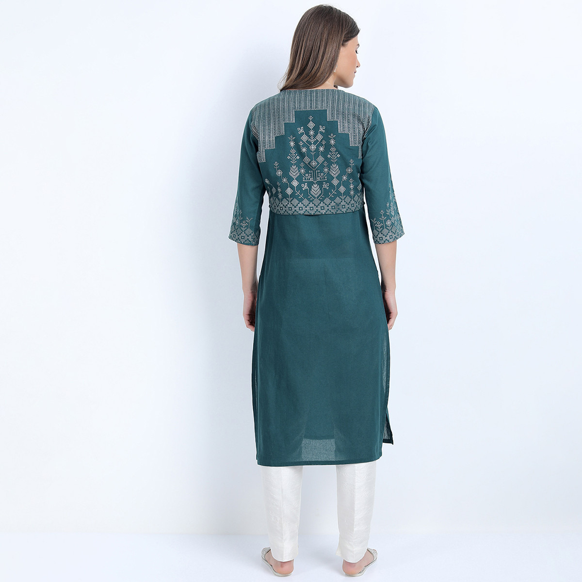 Set of 2 Vishudh Women Teal Printed Kurta and Palazzo with Ethnic Jacket-women-clothing-ethnicwear-salwarsuits-image-3