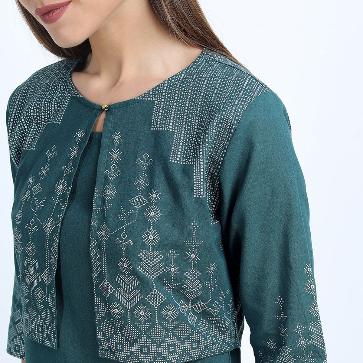 Set of 2 Vishudh Women Teal Printed Kurta and Palazzo with Ethnic Jacket-women-clothing-ethnicwear-salwarsuits-image-4