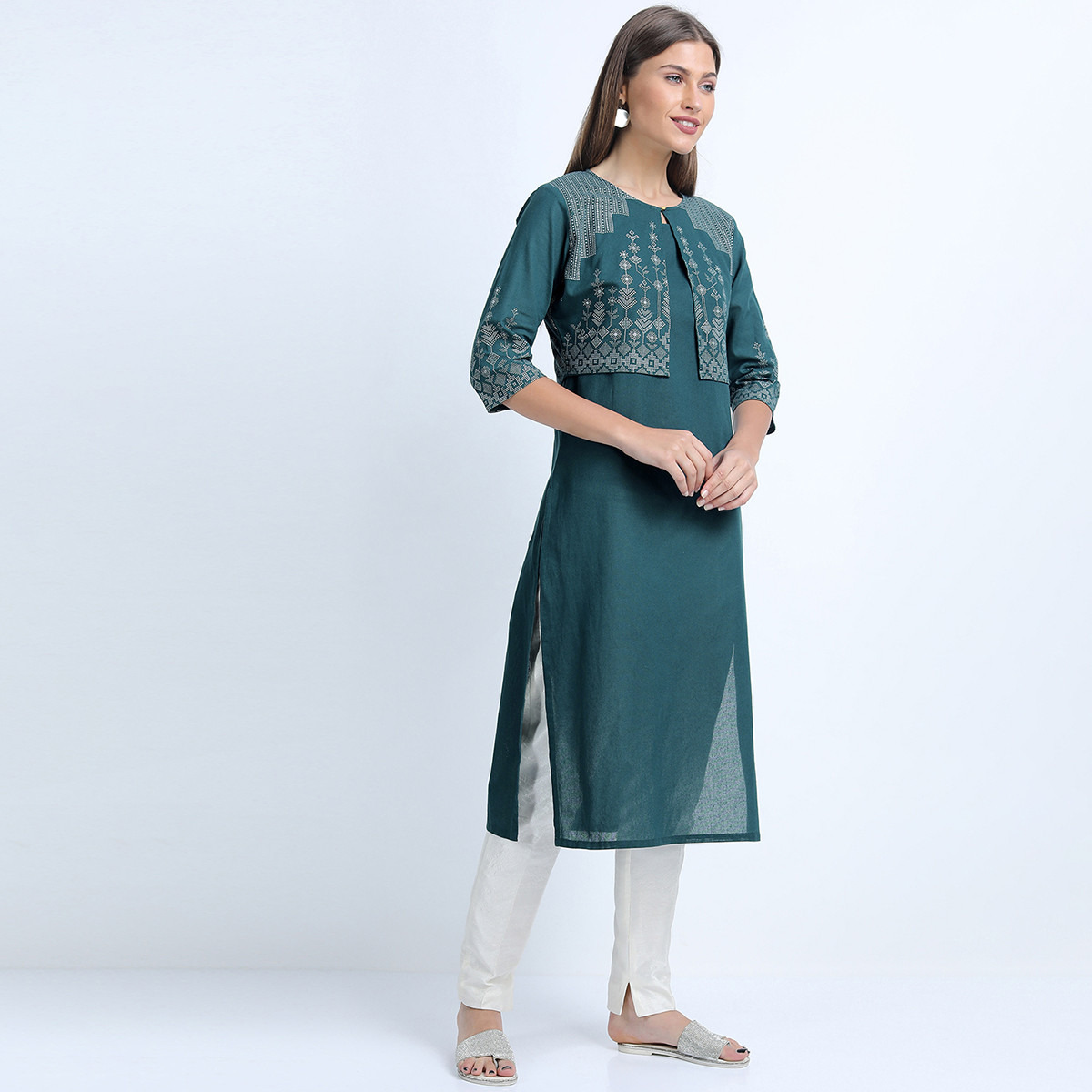 Set of 2 Vishudh Women Teal Printed Kurta and Palazzo with Ethnic Jacket-women-clothing-ethnicwear-salwarsuits-image-5