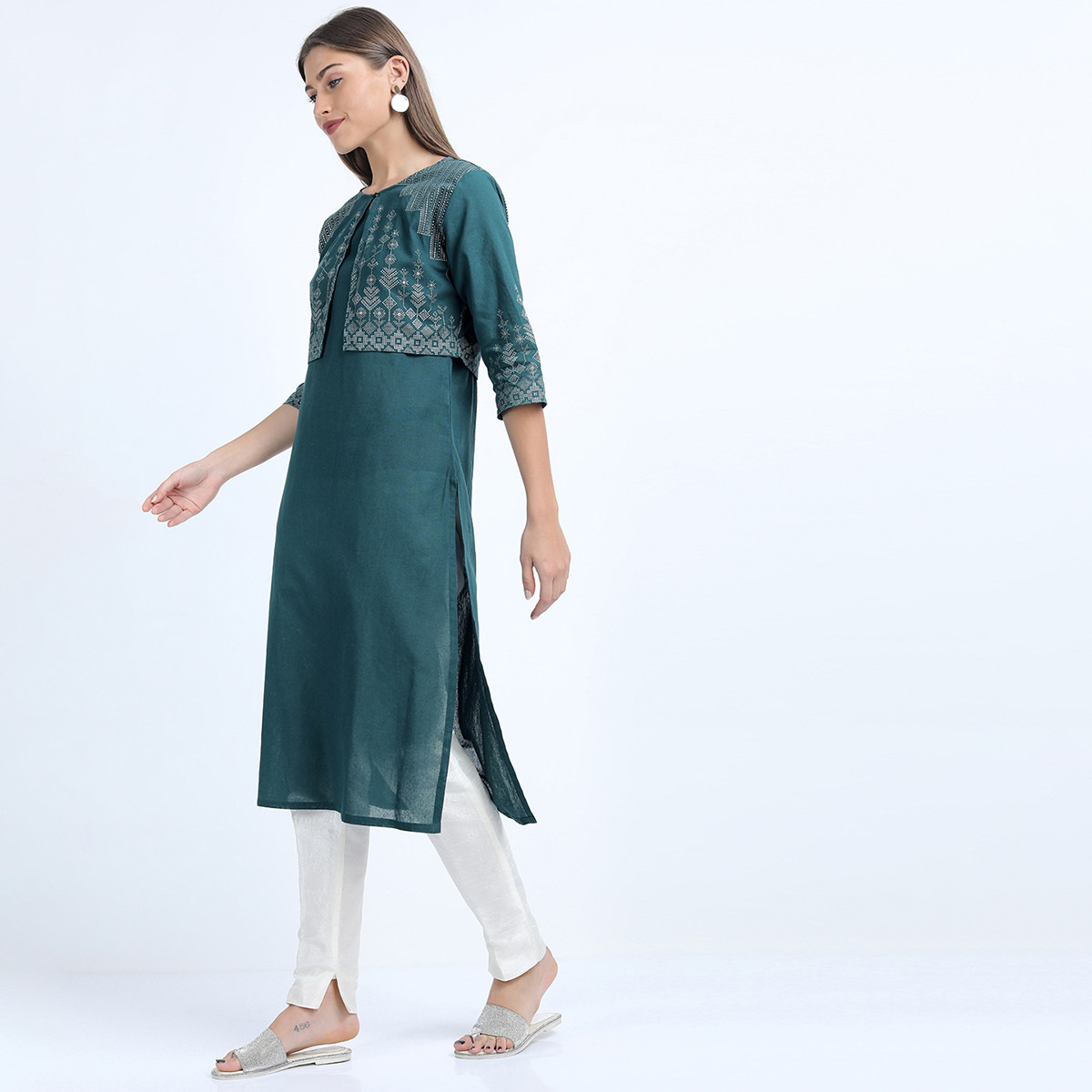 Set of 2 Vishudh Women Teal Printed Kurta and Palazzo with Ethnic Jacket-women-clothing-ethnicwear-salwarsuits-image-7