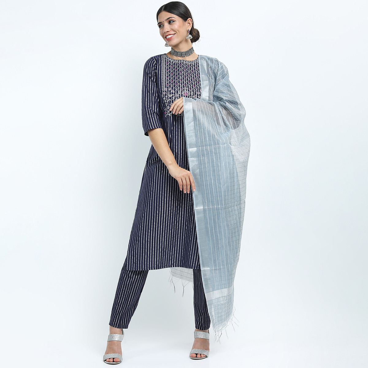Set of 3 Vishudh Women Blue Striped Round Neck Kurta and Pant with Dupatta-women-clothing-ethnicwear-salwarsuits-image-1