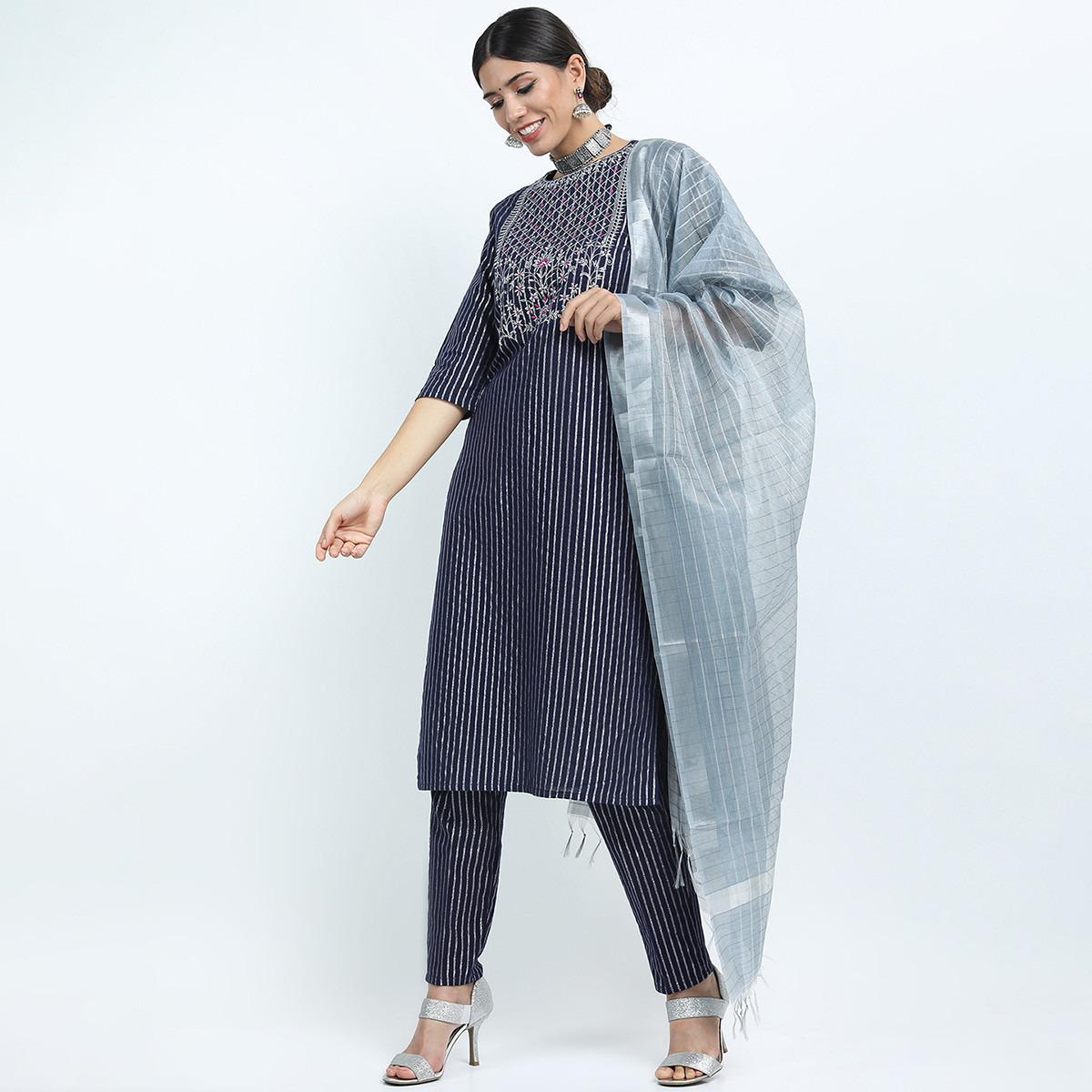 Set of 3 Vishudh Women Blue Striped Round Neck Kurta and Pant with Dupatta-women-clothing-ethnicwear-salwarsuits-image-2