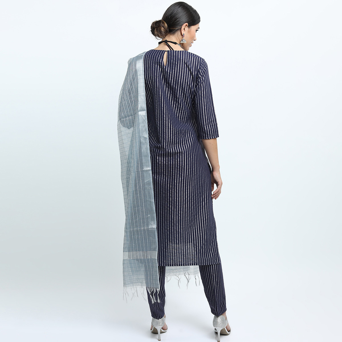 Set of 3 Vishudh Women Blue Striped Round Neck Kurta and Pant with Dupatta-women-clothing-ethnicwear-salwarsuits-image-3
