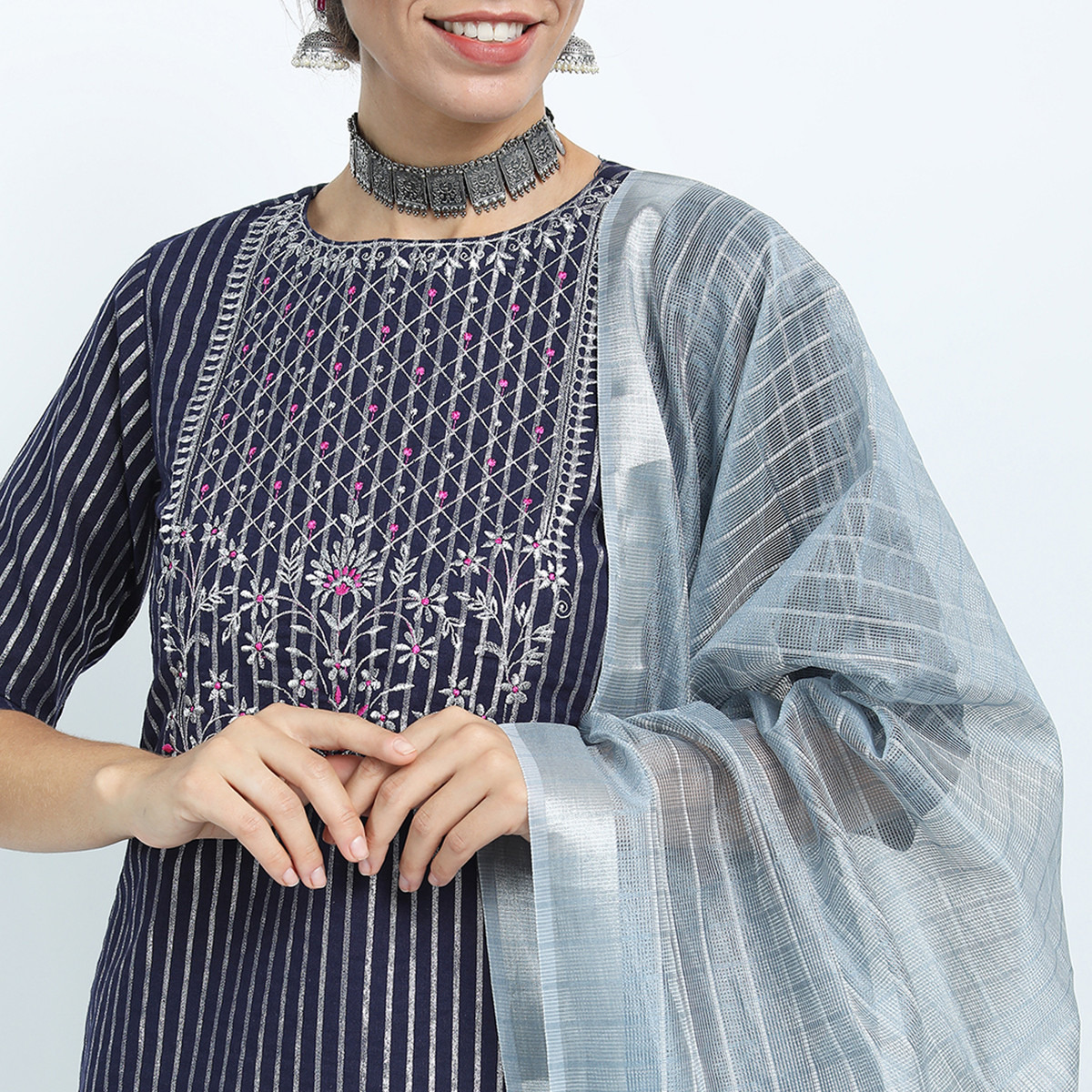 Set of 3 Vishudh Women Blue Striped Round Neck Kurta and Pant with Dupatta-women-clothing-ethnicwear-salwarsuits-image-4