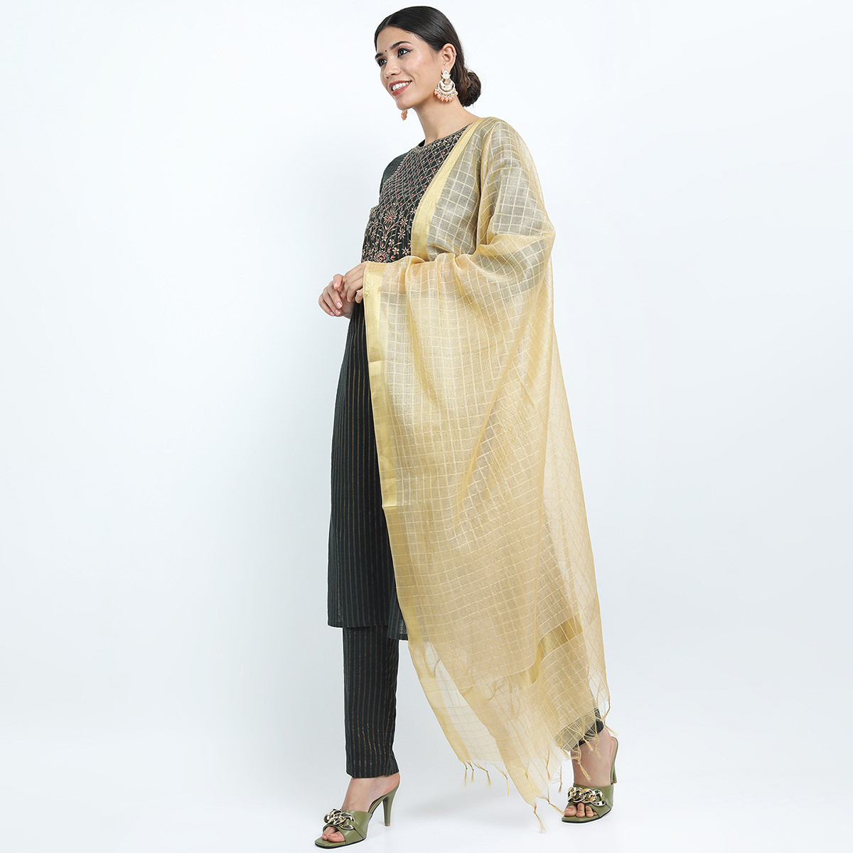 Set of 3 Vishudh Women Black Striped Round Neck Kurta and Pant with Dupatta-women-clothing-ethnicwear-salwarsuits-image-2
