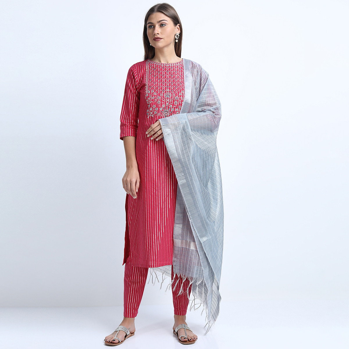 Set of 3 Vishudh Women Pink Striped Round Neck Kurta and Pant with Dupatta-women-clothing-ethnicwear-salwarsuits-image-1